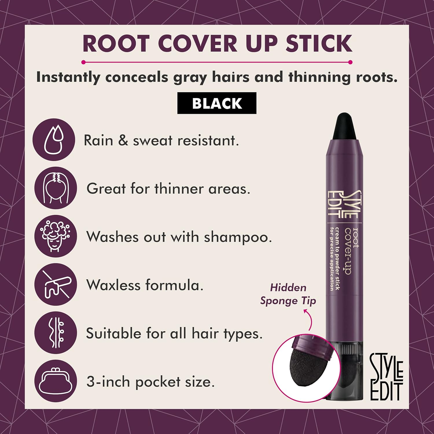 Style Edit Root Touch up Stick for Black Hair, Root Concealer for Gray Hair Coverage, Temporary Hair Color, Premium Hair Shading Sponge Pen, Hair Makeup Root Cover Up, 0.11 Oz Stick image number 2