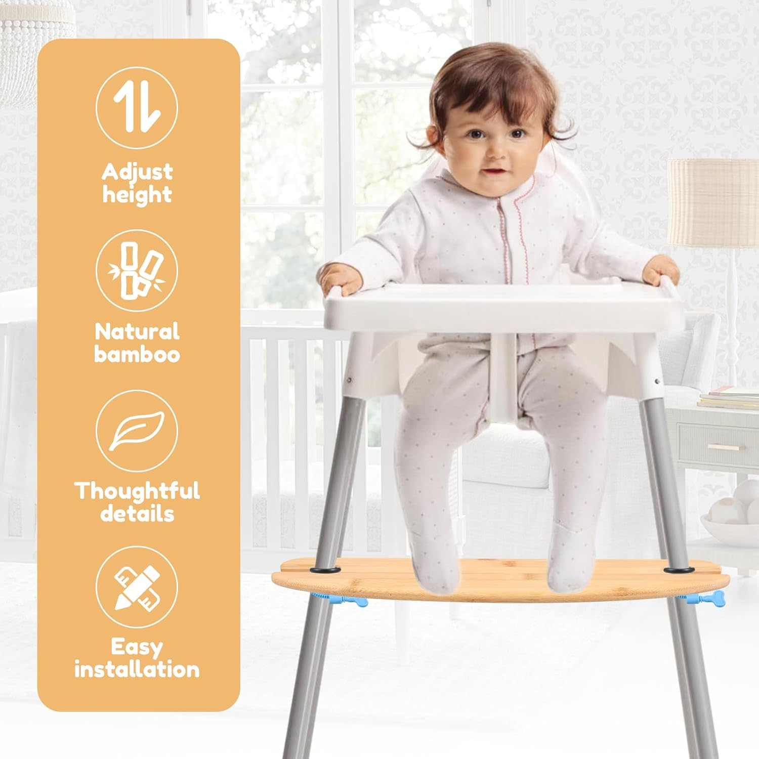 2 Pcs Bamboo High Chair Foot Height Adjustable High Chair Footrest with 2 Rubber Rings and Fixing Rings for Home Indoor Use