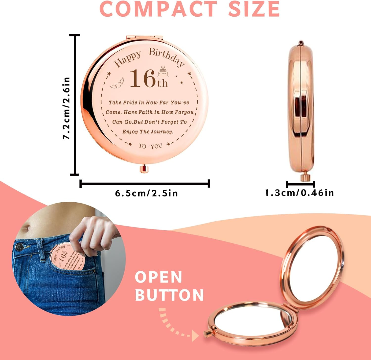 16Th Birthday Compact Makeup Mirror, Sweet 16 Design, Tabletop Mount, 7.2L X 6.5W Cm image number 5