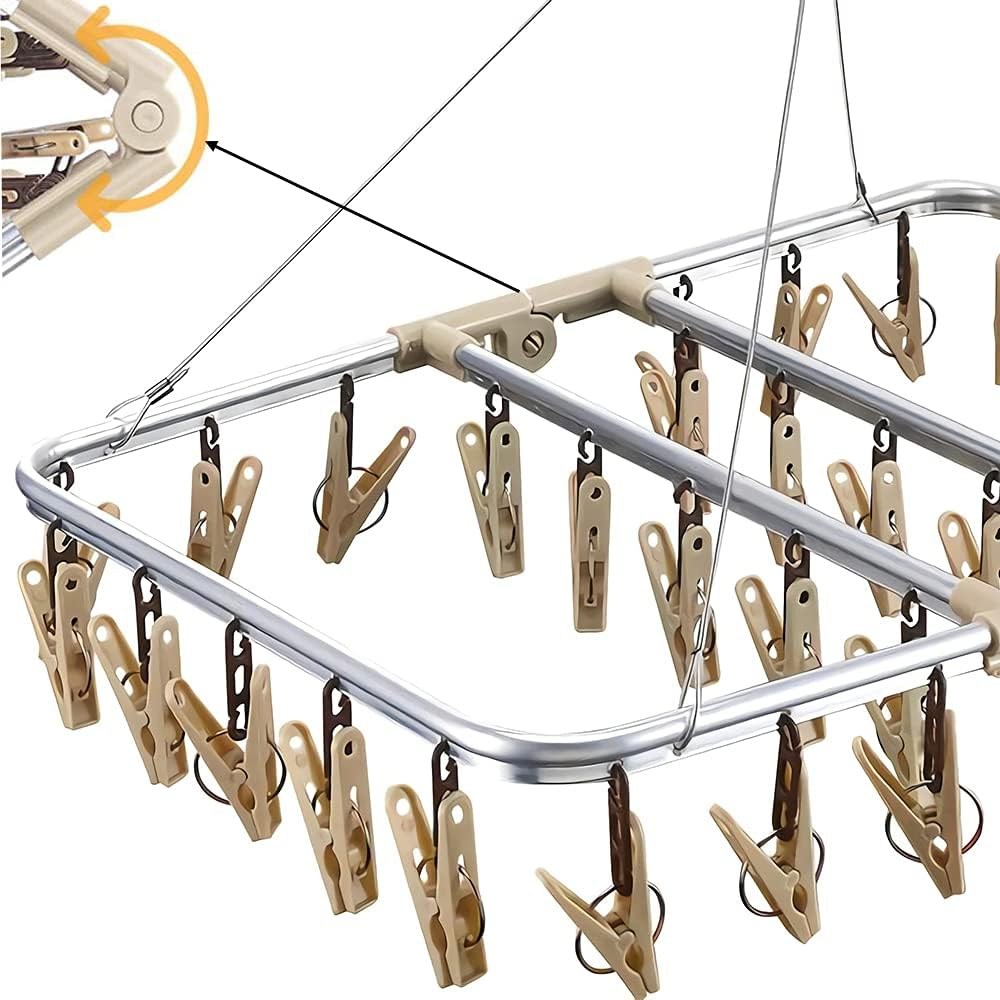 Sock Hanger for Washing Line Windproof Aluminum Sock Dryer with 32 Clothes Pegs Airer Clothes Dryer for Underwear Hats Socks and Small Laundry Items (Beige) image number 1