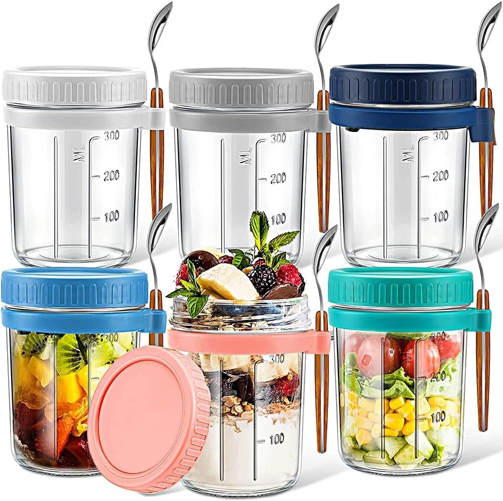 Overnight Oats Container Jars, 12 Oz Glass Airtight Yogurt Oatmeal Jars Set of 6, Overnight Oats Containers with Lids and Spoons, Large Capacity Portable Breakfast Jars Set with Measurement Marks image number 3