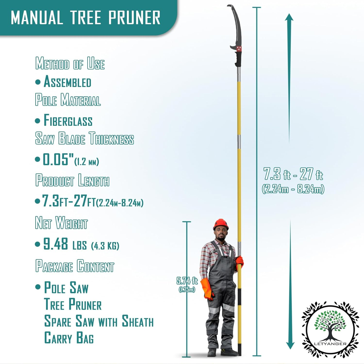 LETYANGER Pole Saws for Tree Trimming, 7.3-27 Ft Extendable Tree Trimmers Long Handle Pruner, Sharp Steel Blade and Scissors High Branches Trimming, Tree Pruner, Tree Saw image number 3