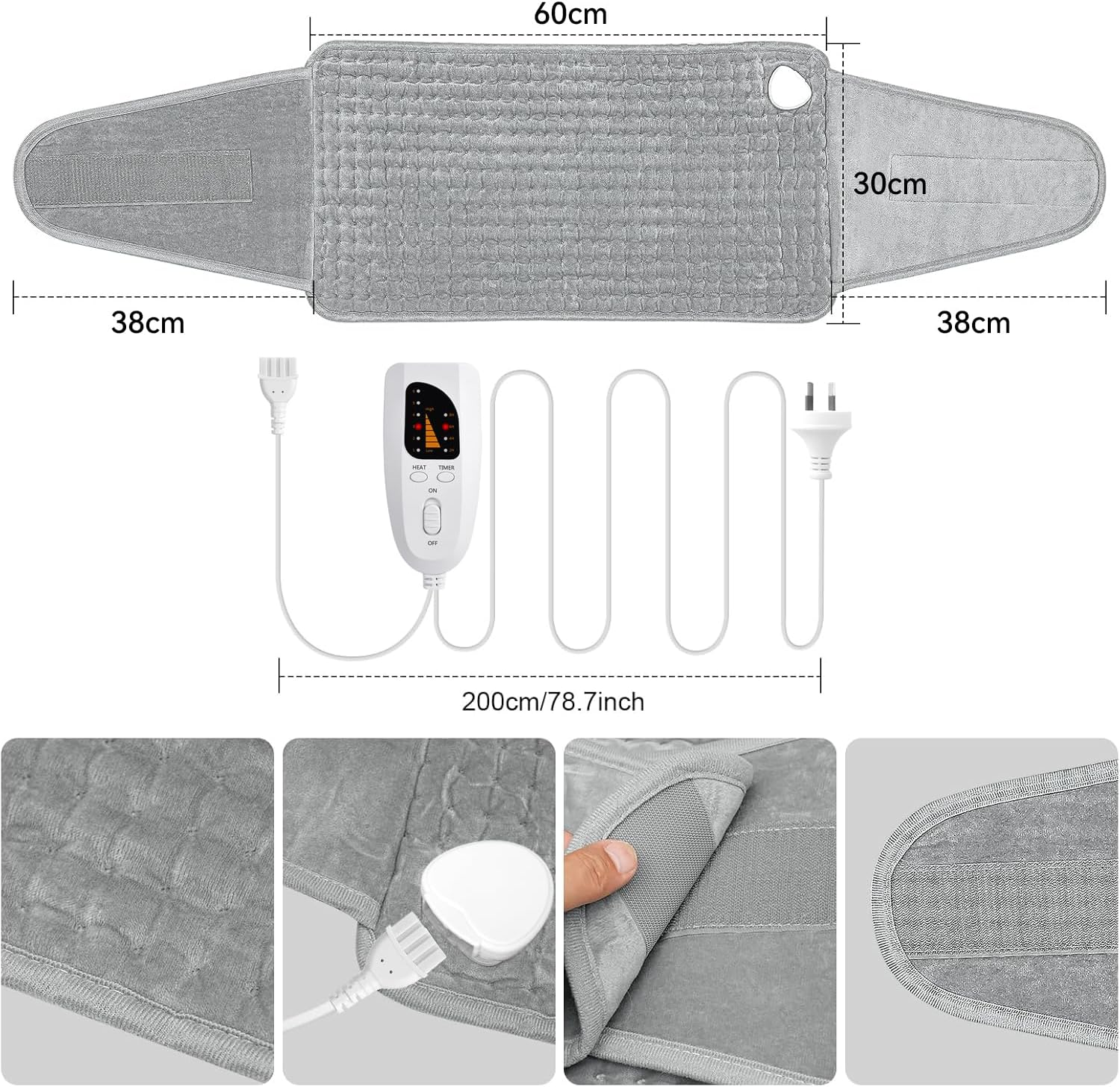 Heating Pad for Back Pain Relief, Koreal Electric Heating for Pad Period Cramps Menstrual, 30Cm X 60Cm with 76Cm Adjustable Belt, 6 Level Heat Setting 4 Level Timming Auto Shut Off