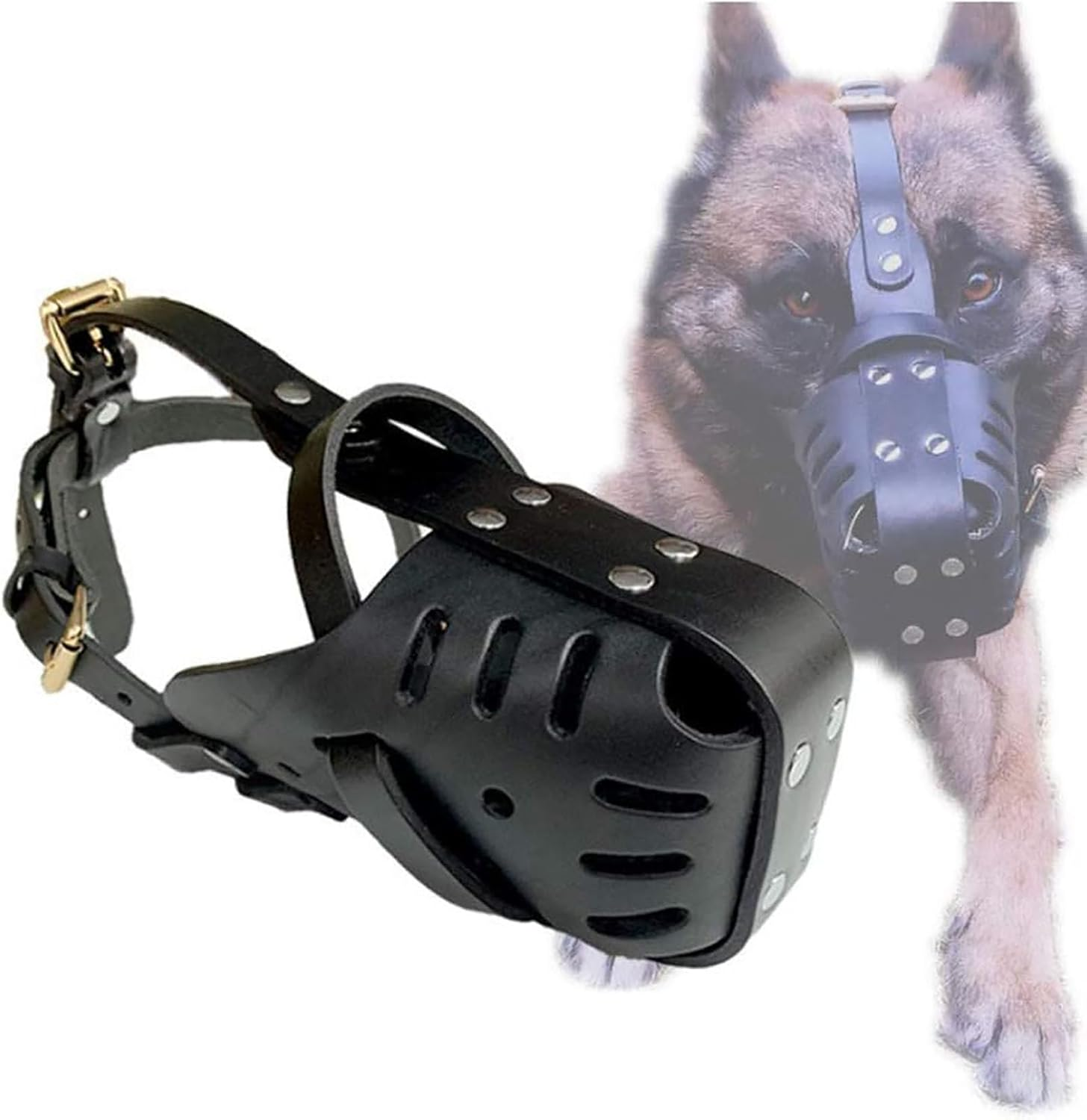 Dog Muzzle Made of Genuine Leather, Pitbull Terrier Secure Basket Dog Muzzle with Adjustable Bite Chewing Barking Training Dog Mask for Medium and Large Dogs image number 3