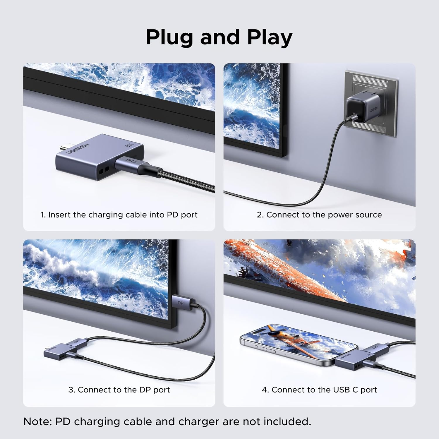 UGREEN USB C to Displayport Adapter 100W PD Charger 8K@60Hz 4K@240/144/120Hz Type C Thunderbolt 3/4/5 DP 1.4 HDR VRR Free-Sync Compatible for Macbook Imac Mac Mini Ipad Pro XPS Iphone 17 Galaxy S25 image number 4