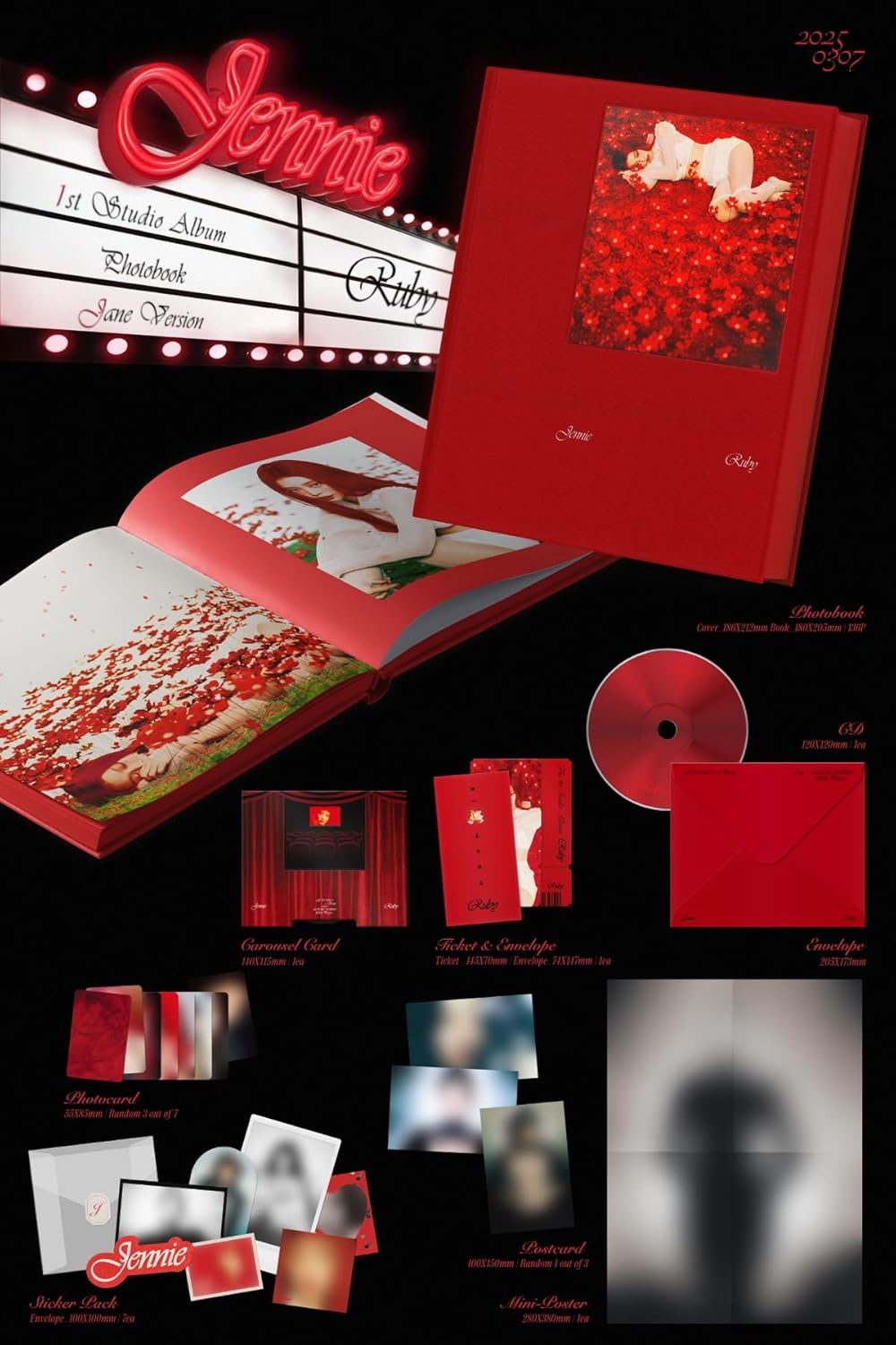 BLACKPINK JENNIE Ruby 1St Studio Album Photobook Random Version Cd+136P Photobook+1Ea Ticket+1P Carousel Card+1P Postcard+7Ea Sticker+3P Photocard+1P Mini Poster on Pack+Tracking Sealed image number 2
