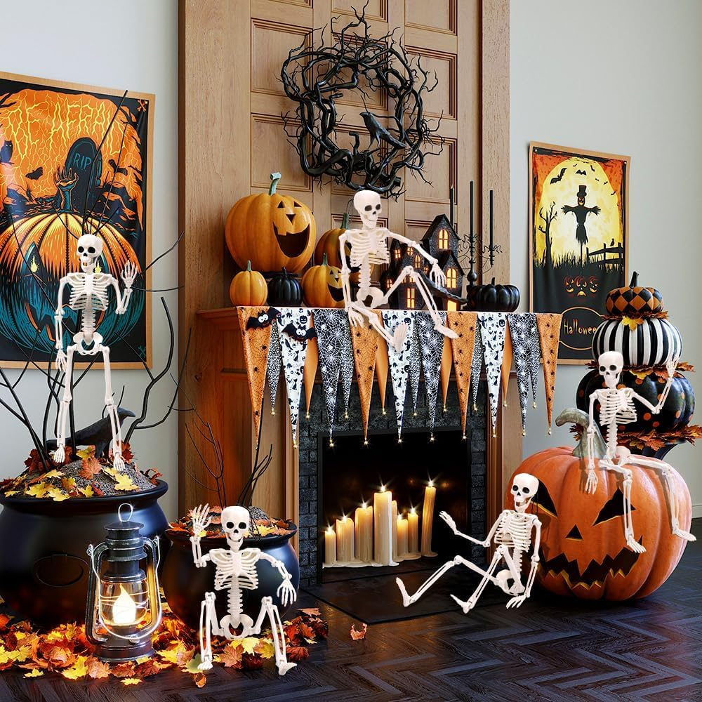 2 Pcs Halloween Skeleton Decorations, 16 Inch Full Body Skeletons Realistic Human Plastic Bones with Posable Joints, Hanging Spooky Skeletons for Halloween Indoor Outdoor Party Home Decor image number 5