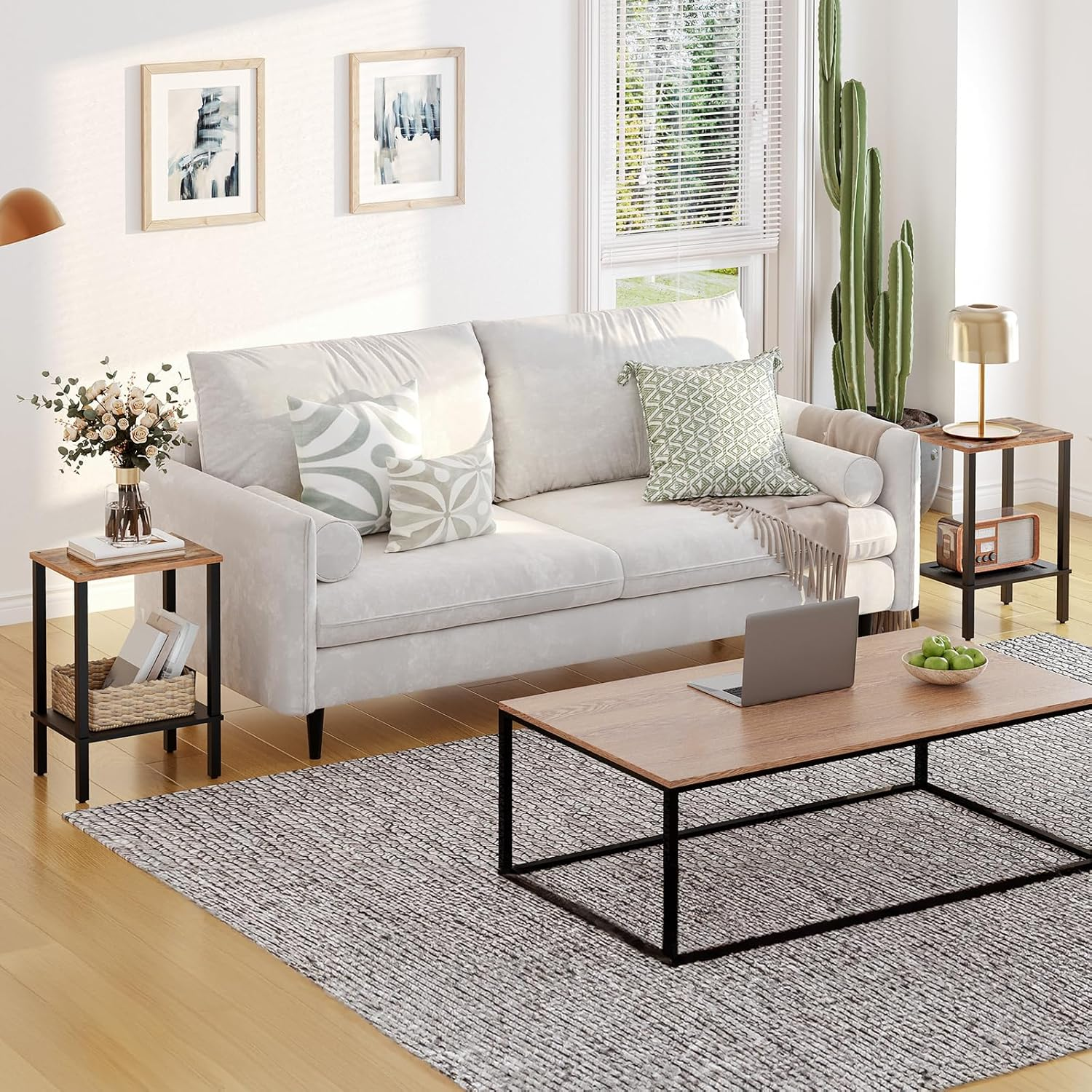 HOOBRO End Table, Small Side Table with 2-Tier Storage Shelves, Nightstand with Faux Rattan Decoration, for Living Room, Bedroom, Rustic Brown and Black BF91BZ01