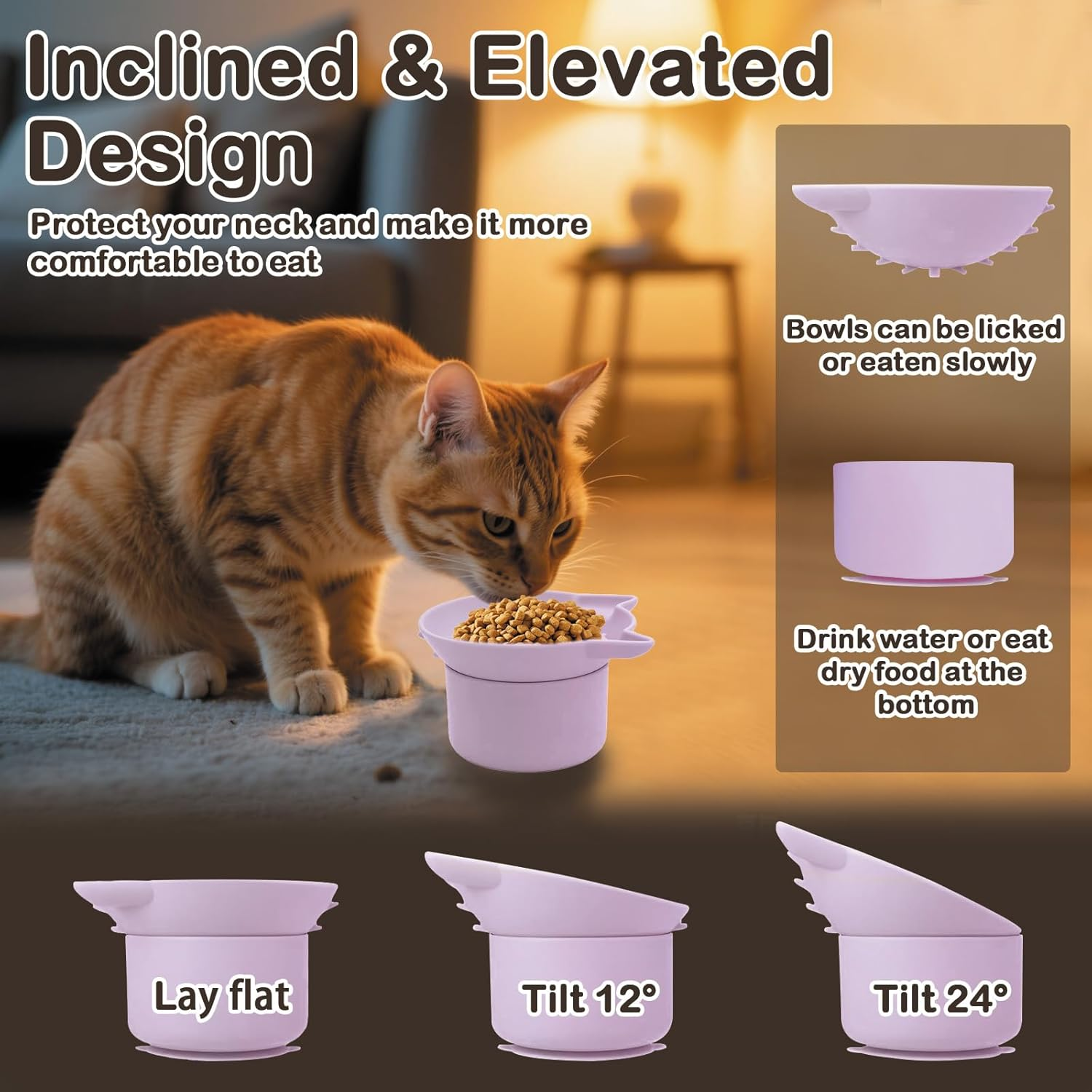 Silicone Cat Slow Feeder, Elevated Slow Feeder Cat Bowl for Dry and Wet Food, Tilted Design with Non Slip Base, Adjustable Angle for Pets, Fun Enrichment & Anxiety Relief (Purple)