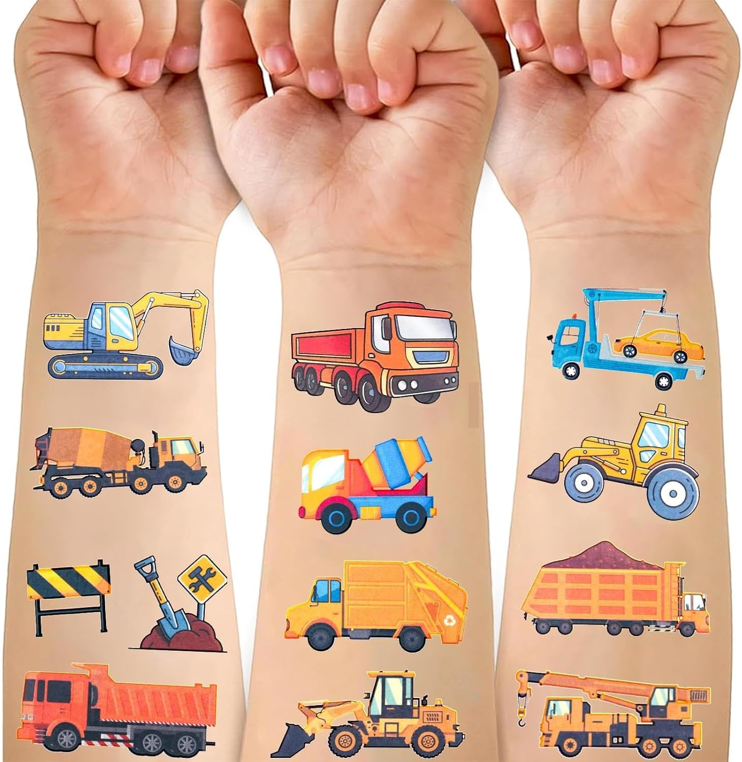 10 Sheets Construction Trucks Temporary Tattoo for Kids, 120 Pcs Vehicles Fake Tattoos for Boys Party Favors, Cars Birthday Supplies Decorations image number 1