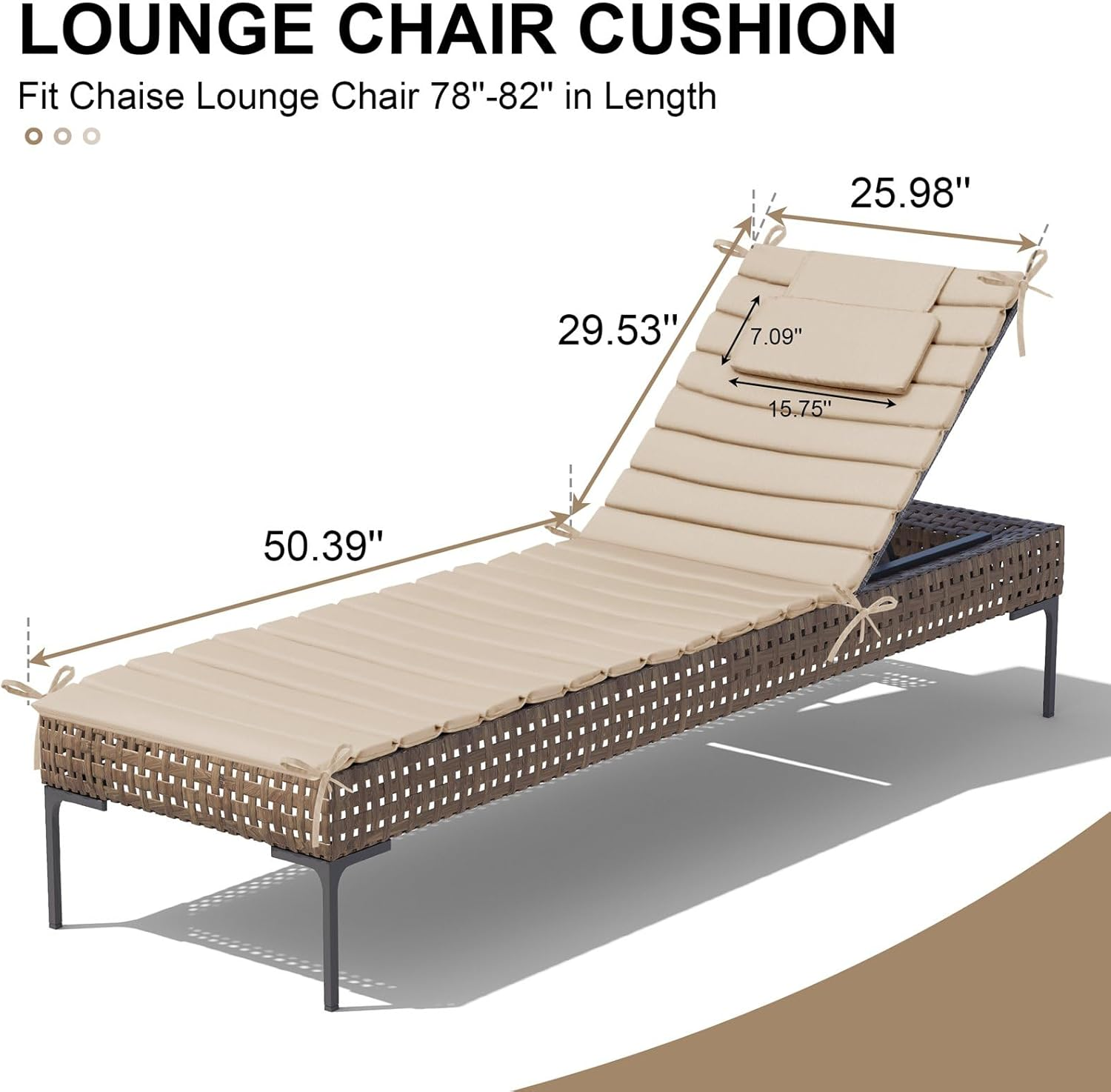 Crestlive Products Chaise Lounge Cushion Outdoor Set of 2, Waterproof Foldable Pool Lounge Chair Cushions with Straps, Lounger Cushions for Outdoor Furniture, Patio, Lawn, 80''Lx26''W (Beige) image number 5