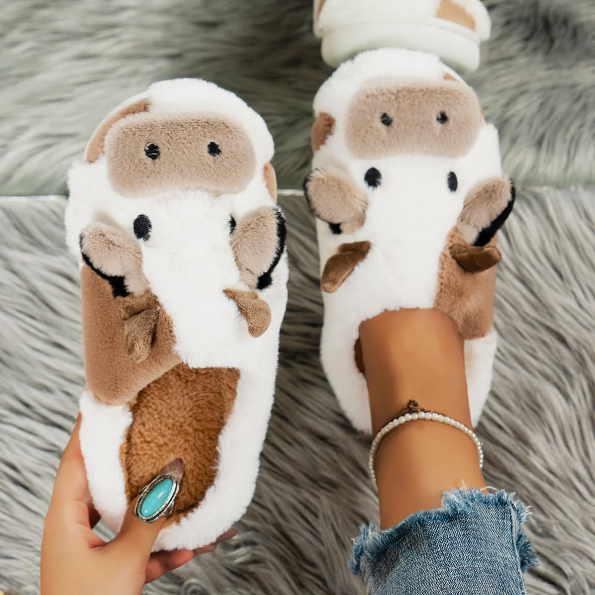 RAGEFIVE Cute Cow Slippers for Women Girls Fuzzy Plush Cotton Slippers Household Indoor Outdoor Slippers image number 7