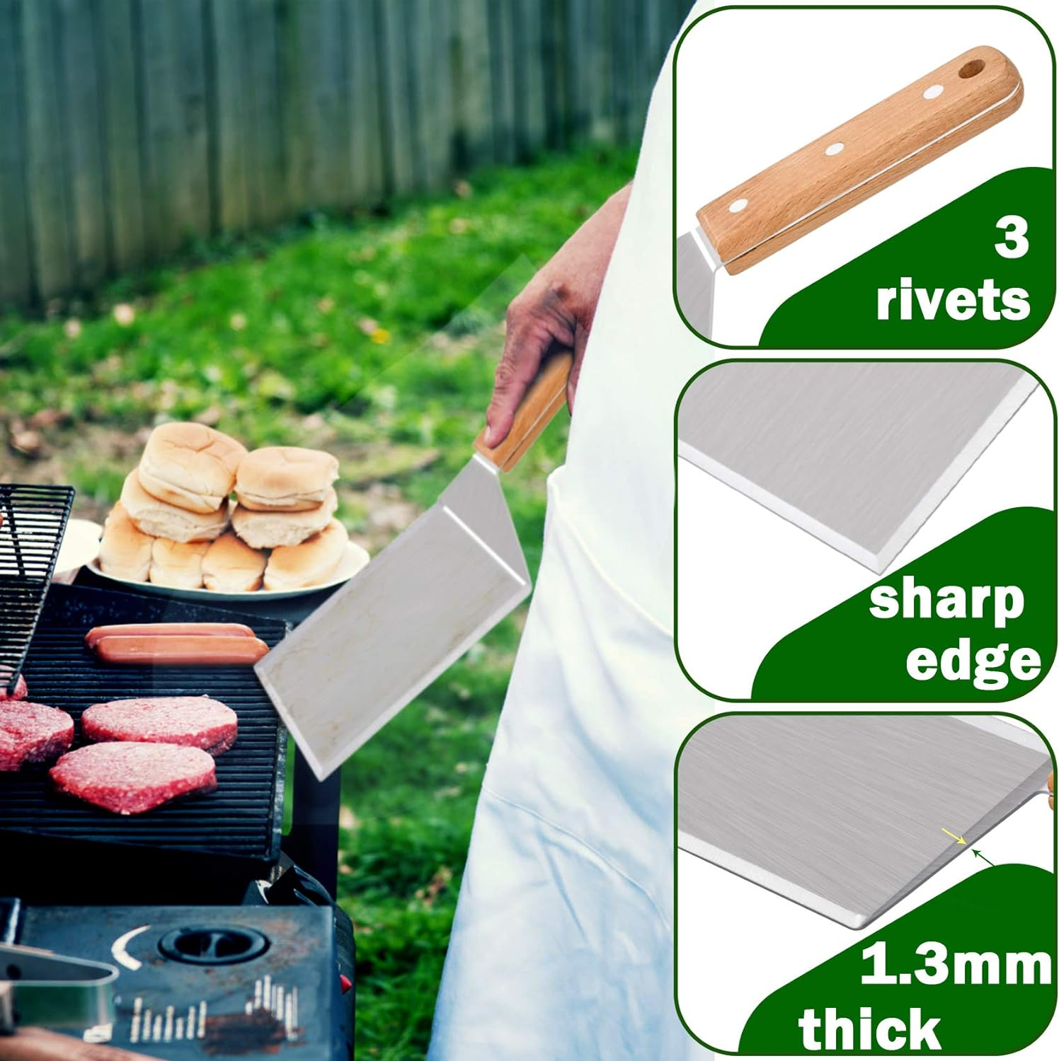 Leonyo Metal Spatula Set of 2, Stainless Steel Griddle Hamburger Spatula, as Barbecue Turner Grilling BBQ Griddle Accessories, Triple Rivets & 2 X S Hook, Heavy Duty & Easy Press, Smash Burgers - Black Triple Rivets Abs Handle image number 4