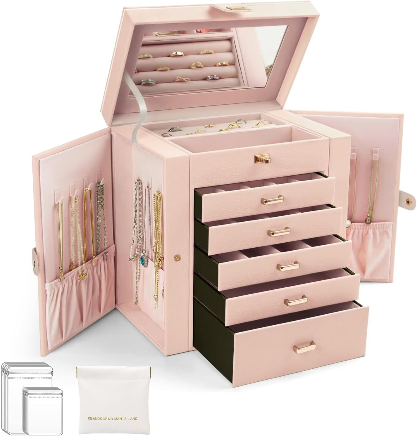 LIAN 6-Layer Large Jewelry Box with Big Mirror Functional Huge 5 Drawers Leather Jewelry Storage Case for Women Girls Ring Necklace Earring Bracelet Holder Organizer (Large-Pale Green)