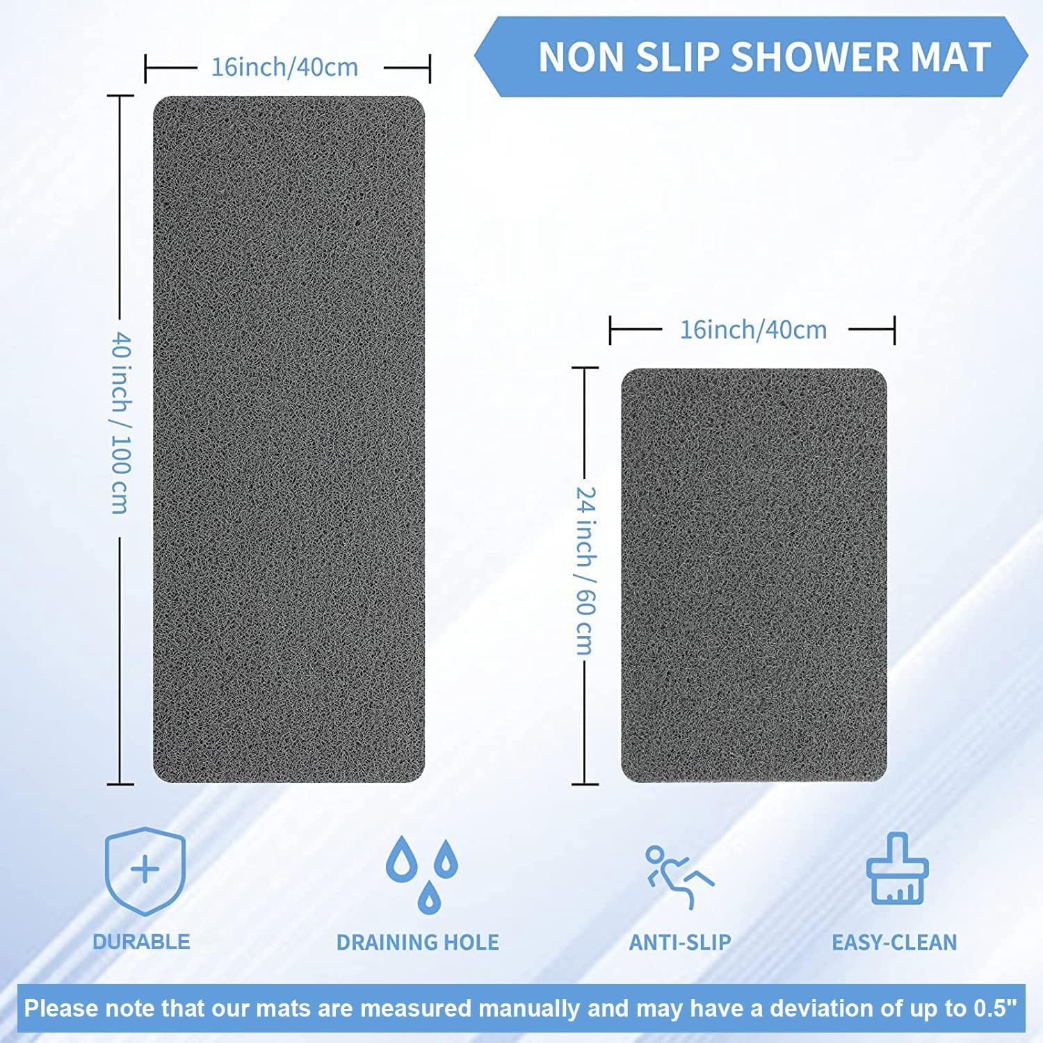 Non-Slip Shower Mat - Comfort Bath Tub Mats with Drain - PVC Loofah Bathroom Floor Mat for Wet Areas - Easy to Clean-Quick Drying (Grey, 40 X 100Cm) image number 3