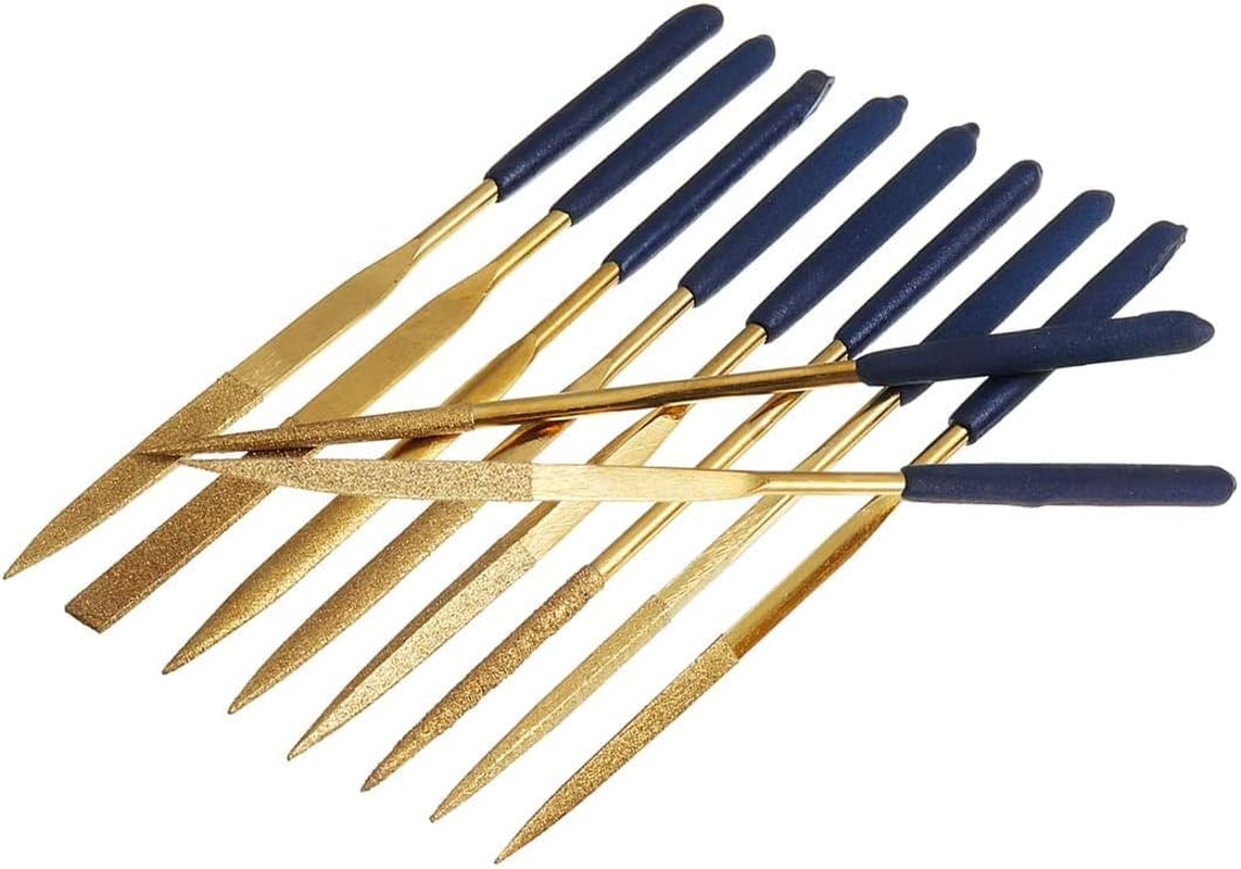 Yakamoz 10Pcs 5X180Mm Titanium Coated Small Diamond Needle File Set Mini round Triangular Square Flat Shape Metal Riffler Files Jewelers File Precision Hand Tools for Glass Wood Stone Jewelry