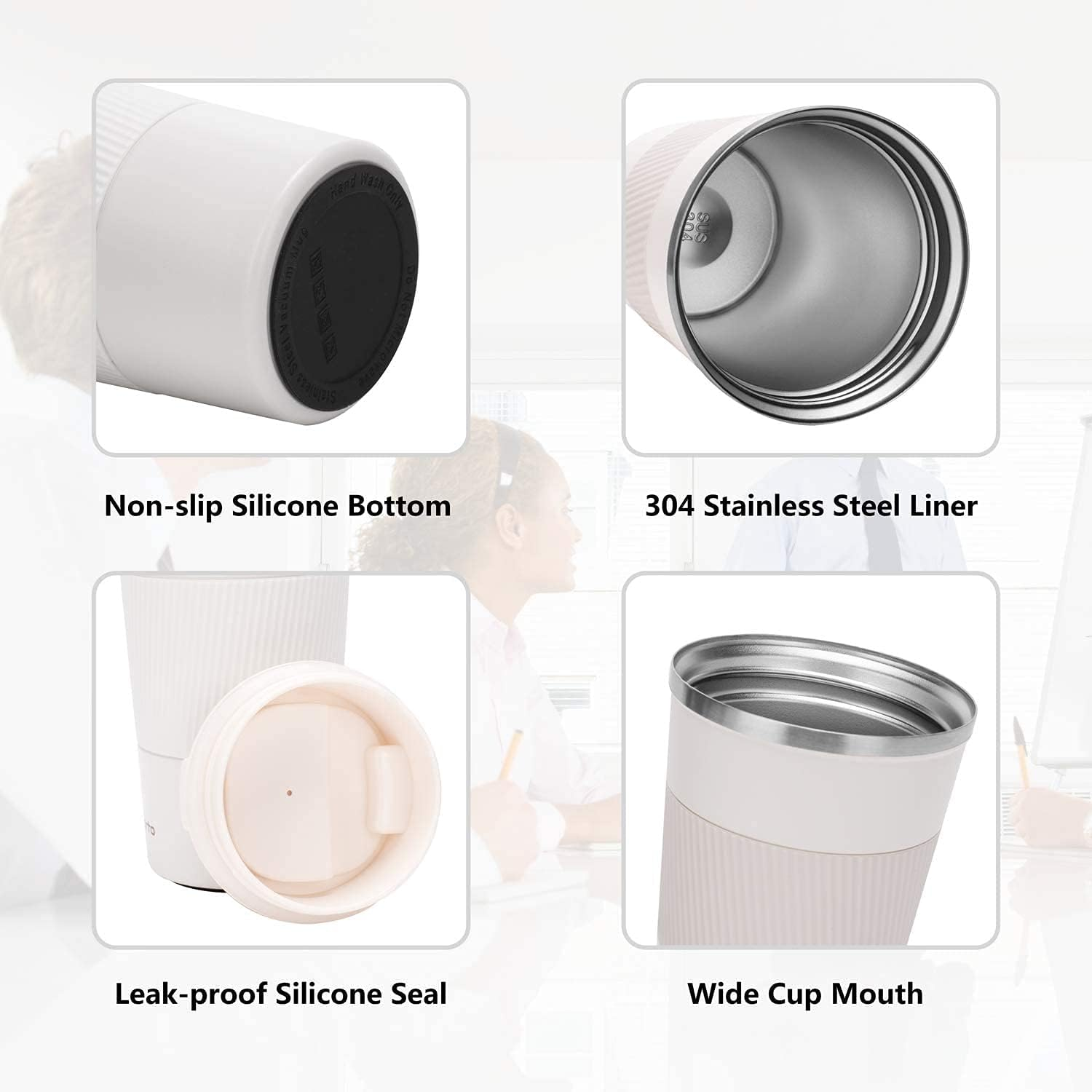 Trave Coffee Mug, 17 Oz Insulated Coffee Travel Mug Spill Proof for Men Women, Stainless Steel Vacuum Tumbler Coffee Cup Leakproof with Flip Lid Reusable Thermal Coffee Cup with Silicone Sleeve for Home Office Hot/Iced Beverage -510Ml/17Oz, White image number 5