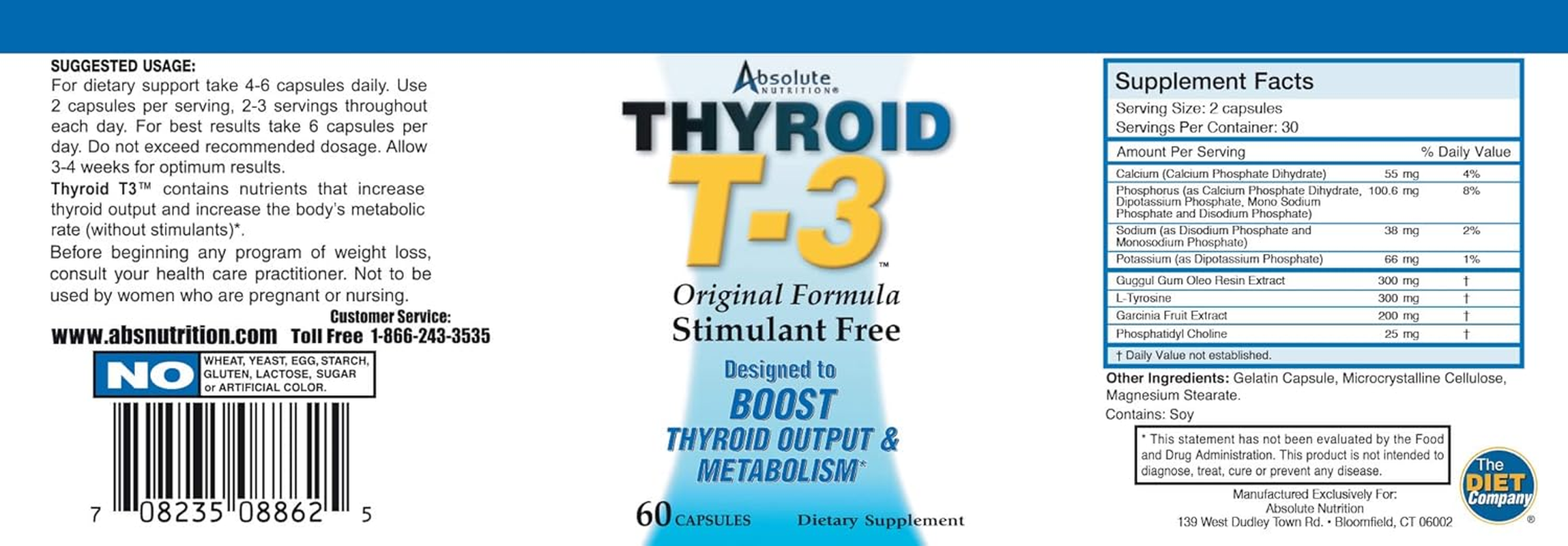Absolute Nutrition Fat Burning Metabolism Boosting Supplement, Thyroid T-3, 60 Capsules image number 1