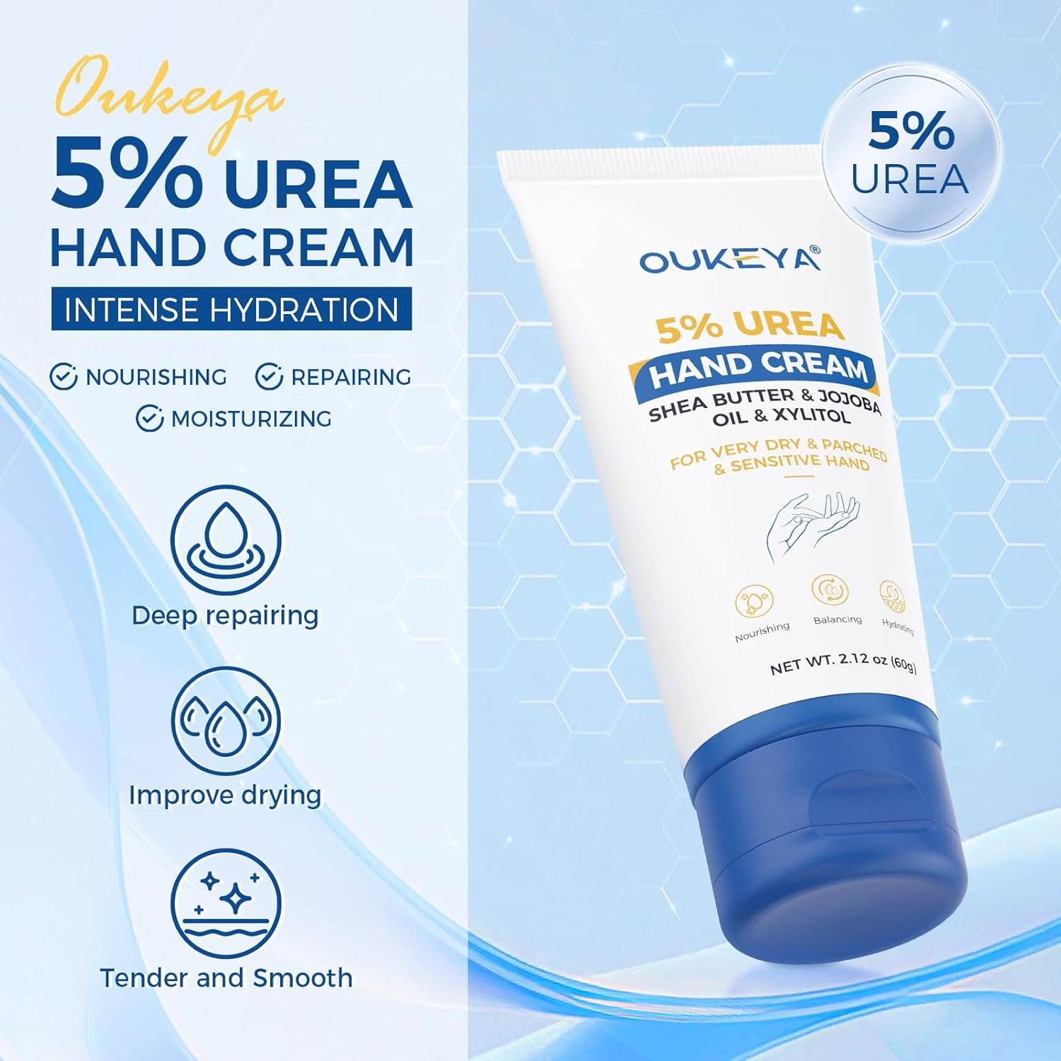 OUKEYA Urea Hand Cream with 5% Urea for Extremely Dry, Rough Hands, Deep Moisturiser & Fast-Absorbing, Perfect Travel Size for On-The-Go Care 60G image number 3