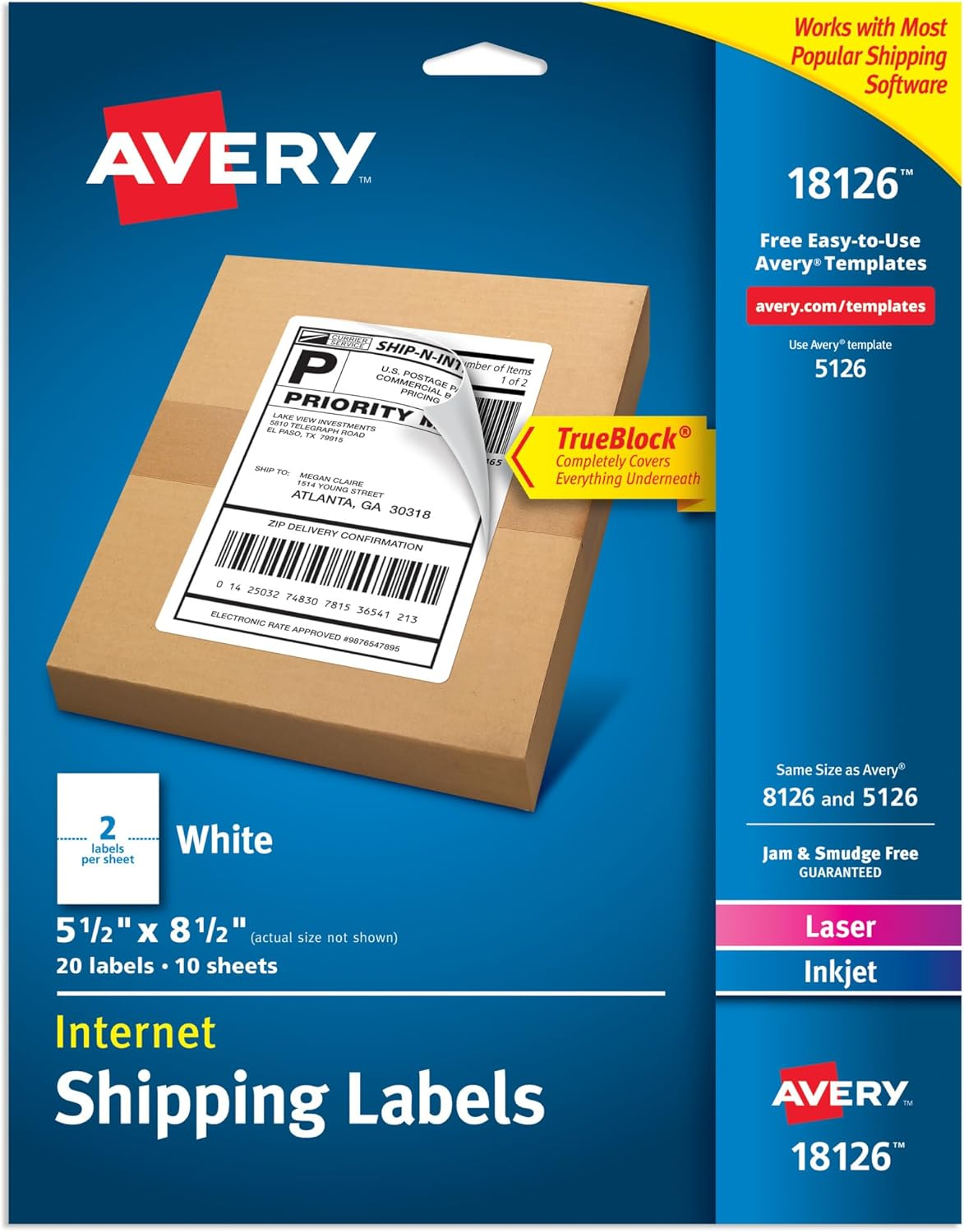 Avery Half-Sheet Printable Shipping Labels, 5.5" X 8.5" Customizable Stickers, White, 20 Blank Mailing Labels, Great for Mailing, Shipping, Organizing, and More (18126) image number 1