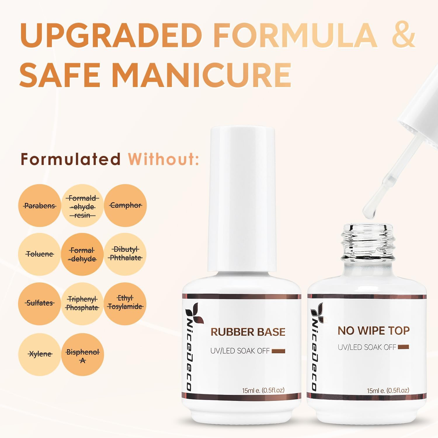 Nicedeco Rubber Base and No Wipe Top Coat Set 2 Pcs 15Ml Gel Nail Polish Soak off LED U V Gel Nail Kit Cruelty-Free & Vegan image number 1