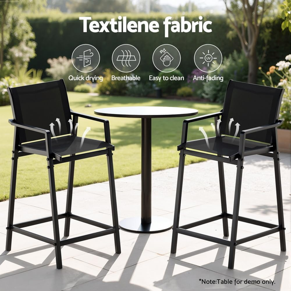 Gardeon Outdoor Bar Stools Set of 2, Dining Chairs with Armrest and Footrest, Patio Furniture for Garden, Bistro, Lawn, Poolside, Backyard, Kitchen, Steel Textilene Fabric, Black image number 4