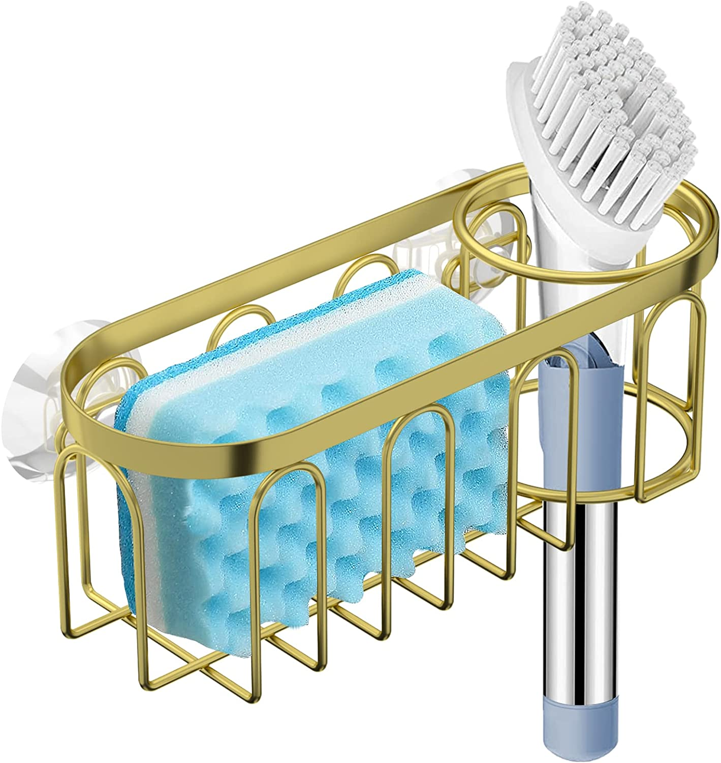 Yazoni 2-In-1 Sponge Holder for Kitchen Sink, Suction Cup Rack Caddy, No Drill Rustproof Kitchen Sink Organizer for Place Dishwashing Brush Soap and Sponge (Gold)