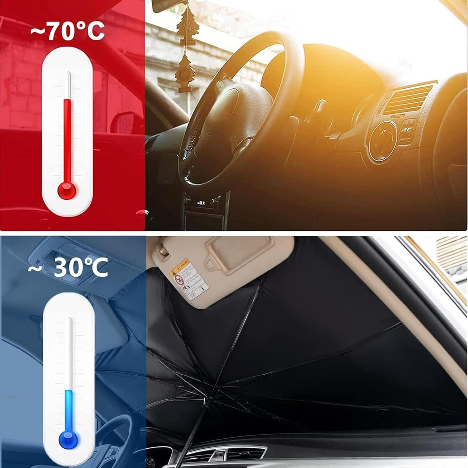 Sulfar Car Sun Shade,For Car Front Windshield, Car Umbrella Sun Shade Cover, Foldable UV Reflector and Heat, Sunshade for Cars, Fits Most Vans SUVS (57 X 31 In) image number 1