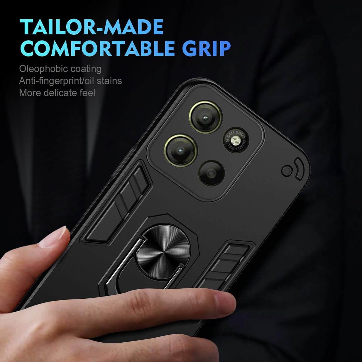 UPLAI Case for Motorola Moto G15 / Moto G15 Power, Ring Kickstand Military Grade Shockproof Protection Magnetic Armor Cover, Ultra Thin PC + TPU Bumper Durable Phone Case. Black - Green image number 6