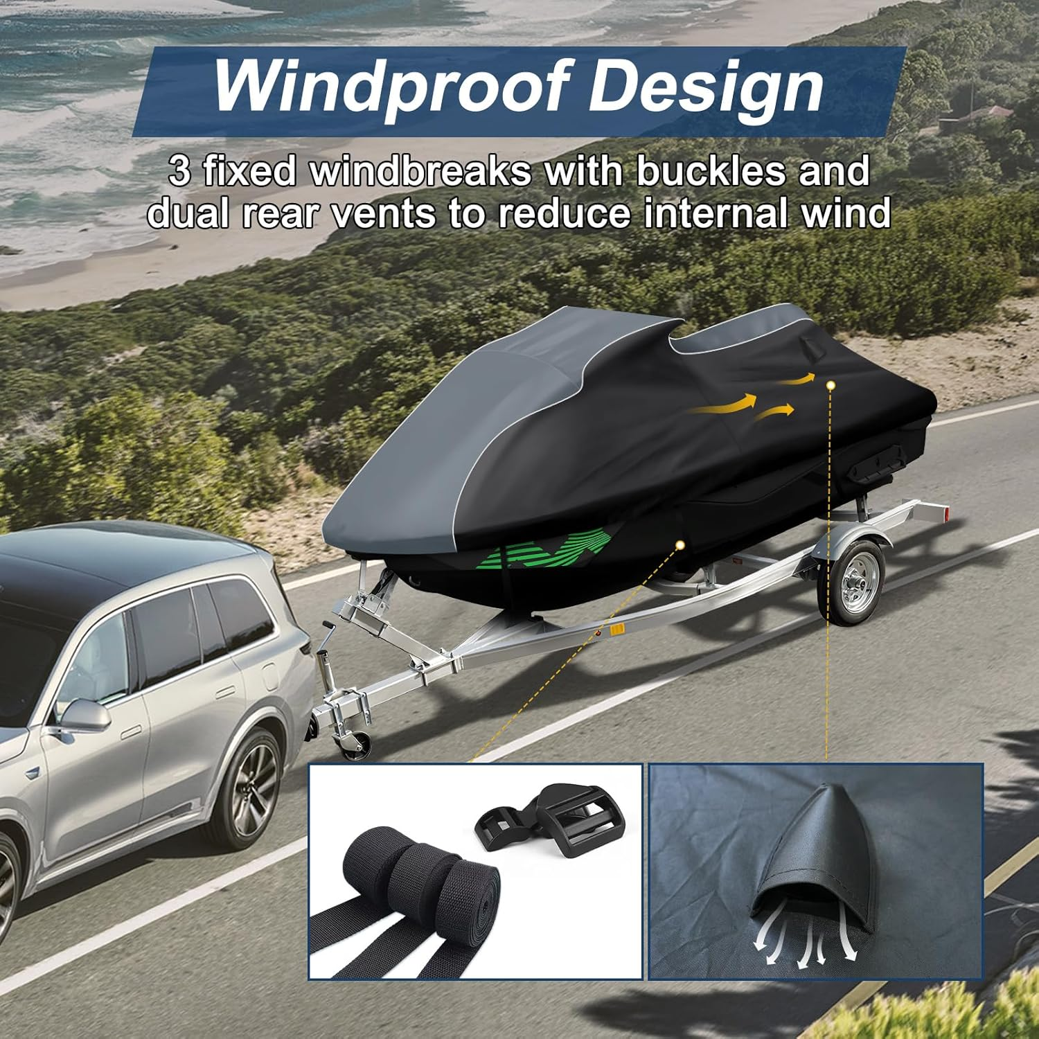 QUNSUNUS Jet Ski Cover for Sea Doo Spark 3Up/Trixx 3Up 2014-2025, Waterproof Covers with Zipper, All Weather Seadoo Cover with Elastic Edge for Wind, Sun, UV and Dust Protection image number 3