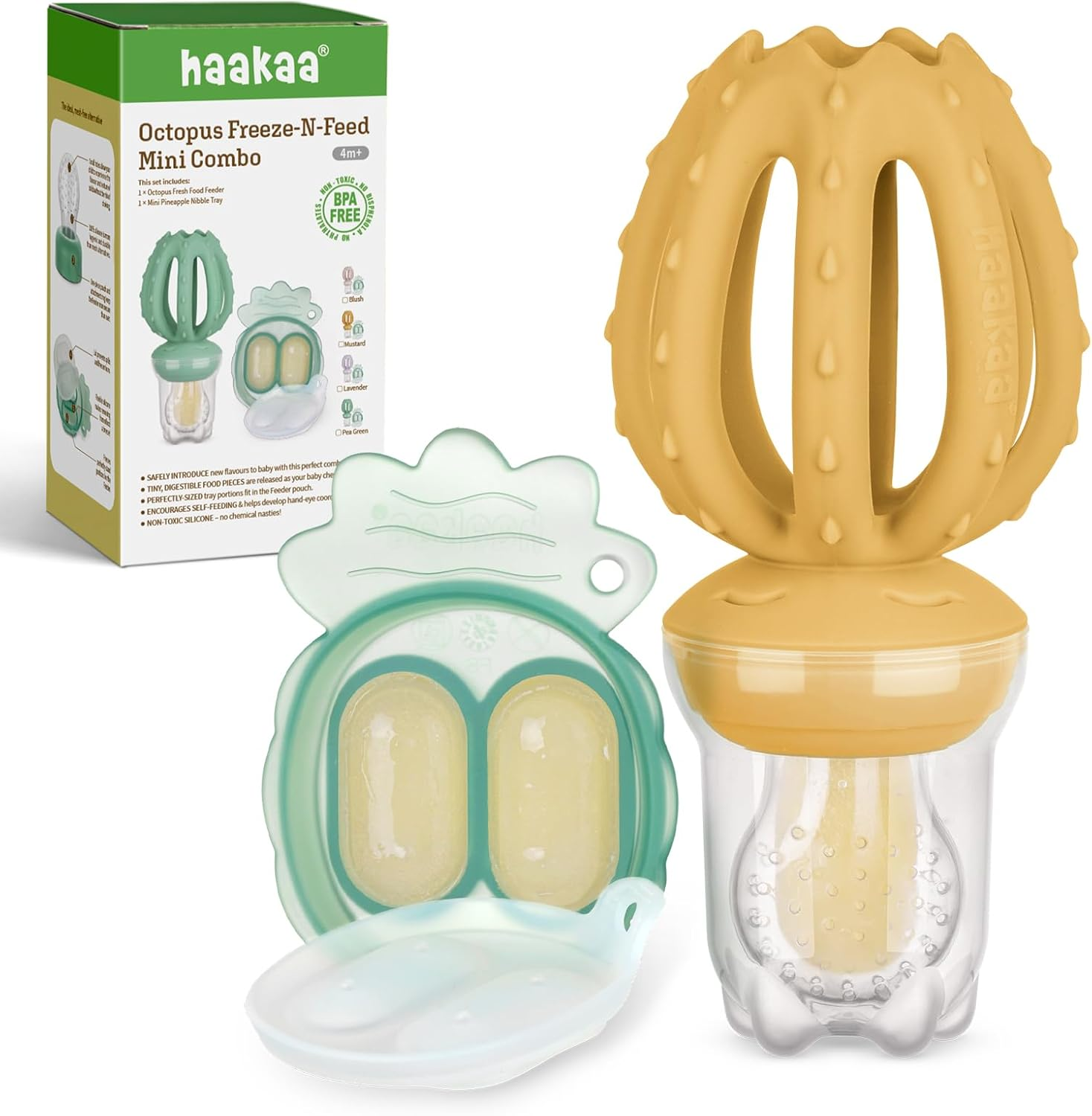Haakaa Octopus Baby Fruit Food Feeder & Mini Freezer Nibble Tray Combo, Breastmilk Popsicle Molds for Cooling Relief, BPA Free Silicone Feeder for Safe Infant Self Feeding, 4 Month+ (Blush)