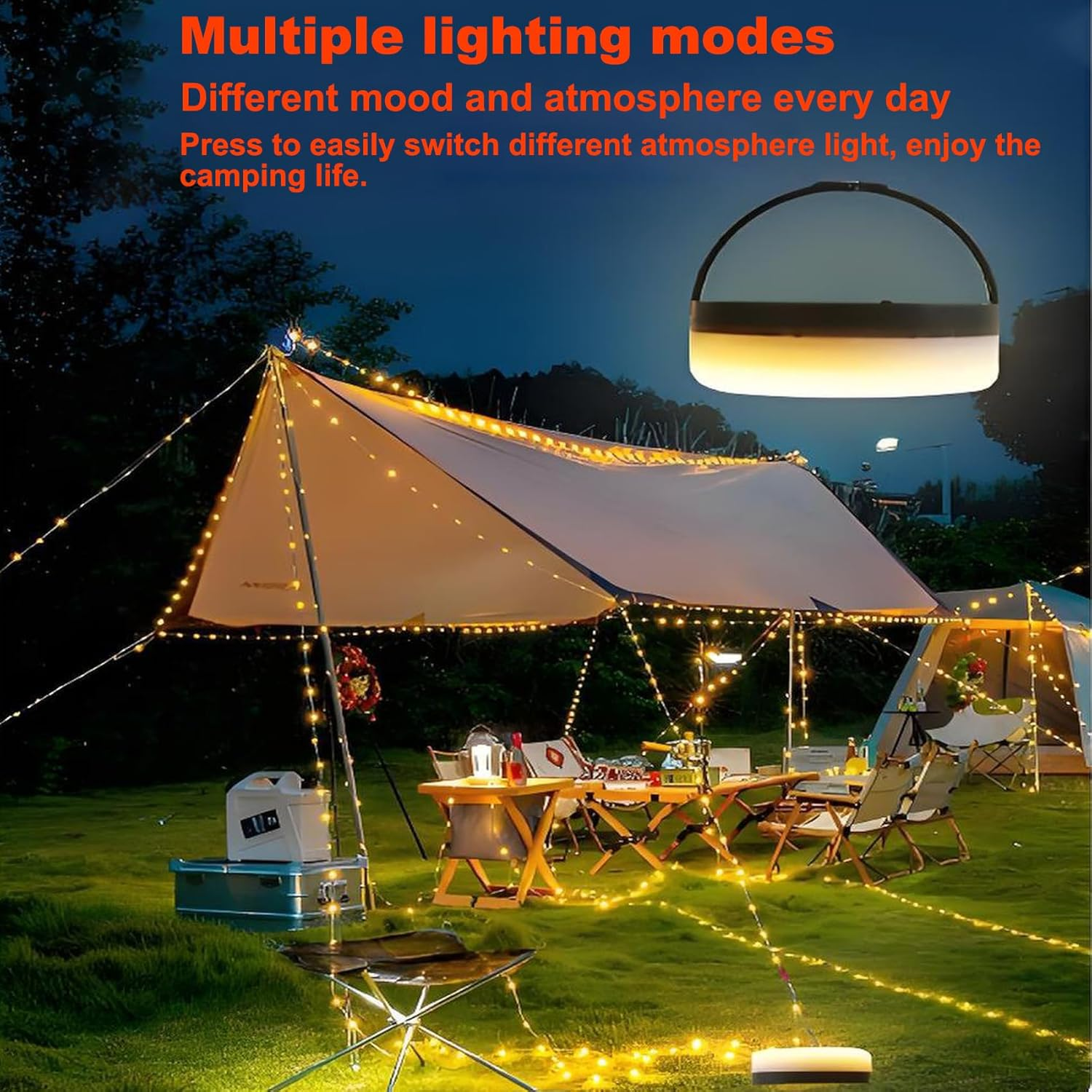 YINCORD Solar Camping String Lights, 4 in 1 Camping Light, Outdoor Lantern Retractable Light 10 Lighting Modes, Solar Powered and USB Charging, Portable Multicolor&Warm White for Decorations image number 5
