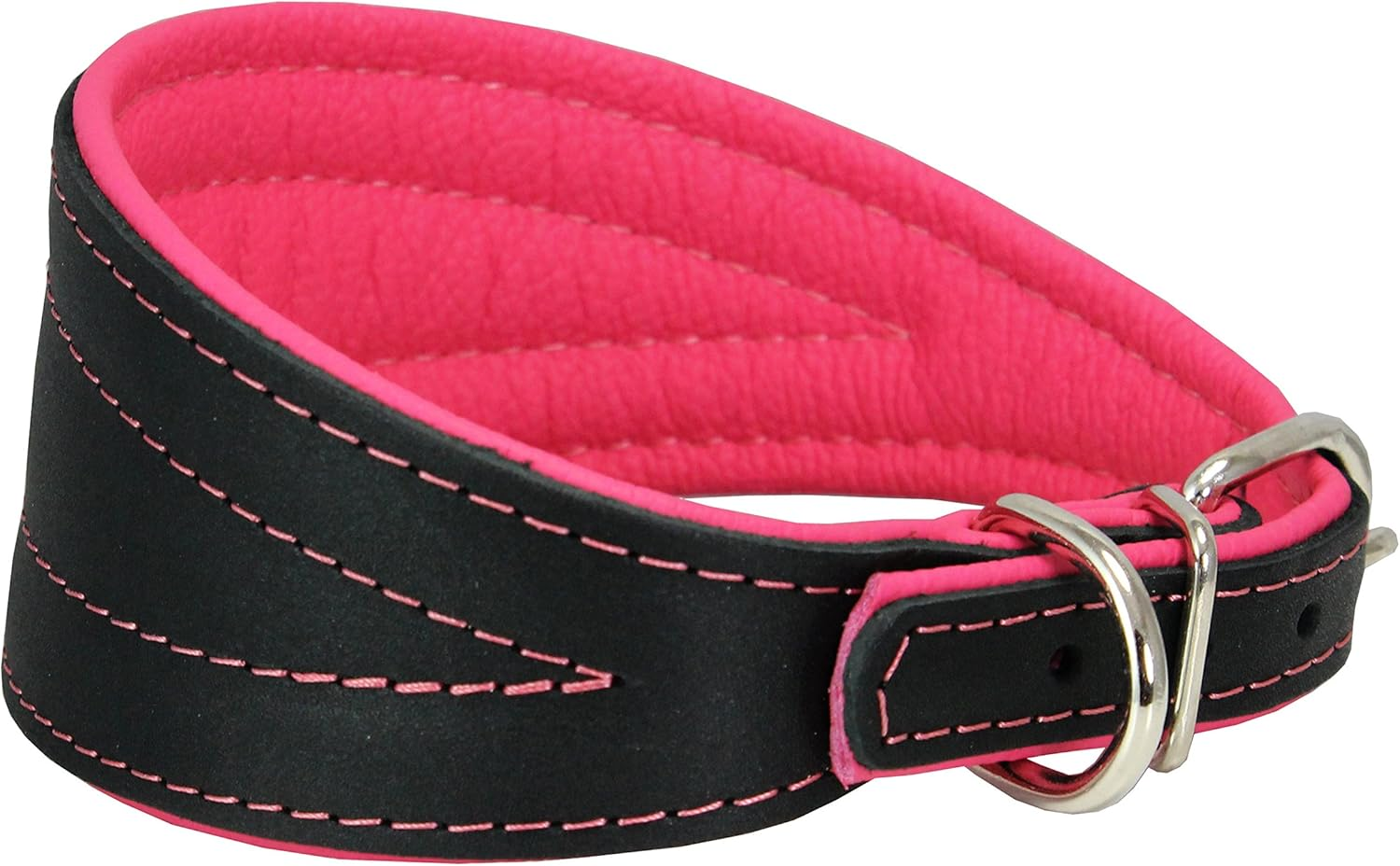 Real Leather Extra Wide Padded Tapered Dog Collar Glossy Black Greyhound Saluki Deerhound Lurcher Whippet Dachshund (14.25"-17" Neck; 2.5" Wide, Pink) image number 2