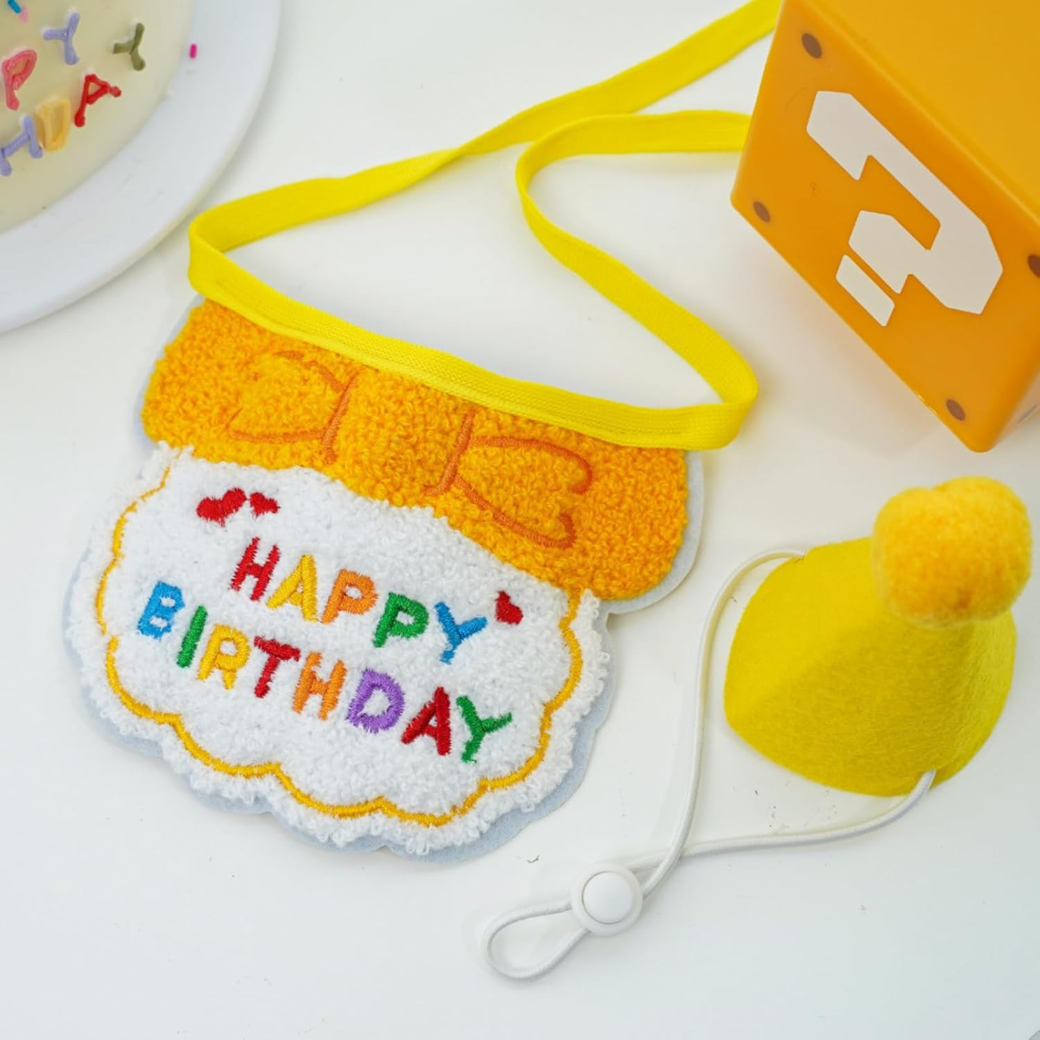 Cat Birthday Bandana and Hat Set, Adorable Pet Party Outfit, Adjustable and Comfortable, Happy Birthday Design, for Cats and Small Dogs (Yellow) image number 4