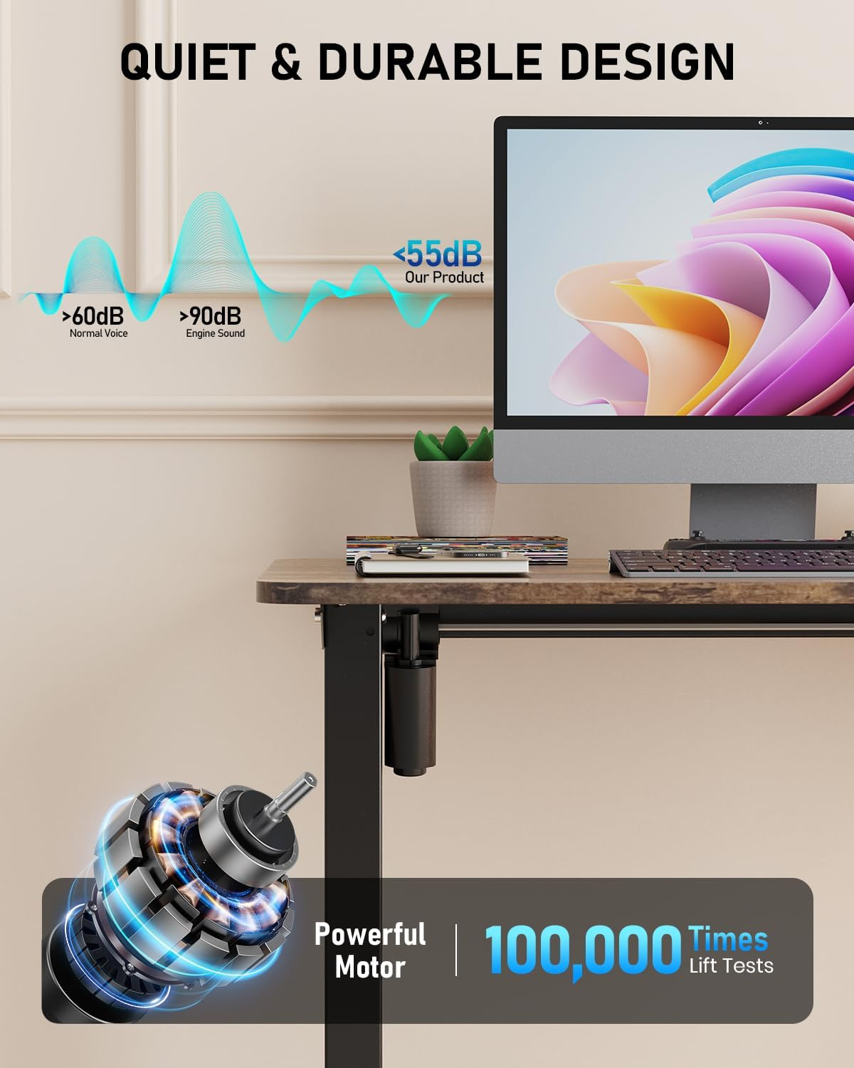 Standing Desk, Large Height Adjustable Electric Stand up Desk, 140X60Cm Sit Stand Home Office Desk, with Splice Board, Black Frame/Rustic Brown Top image number 4