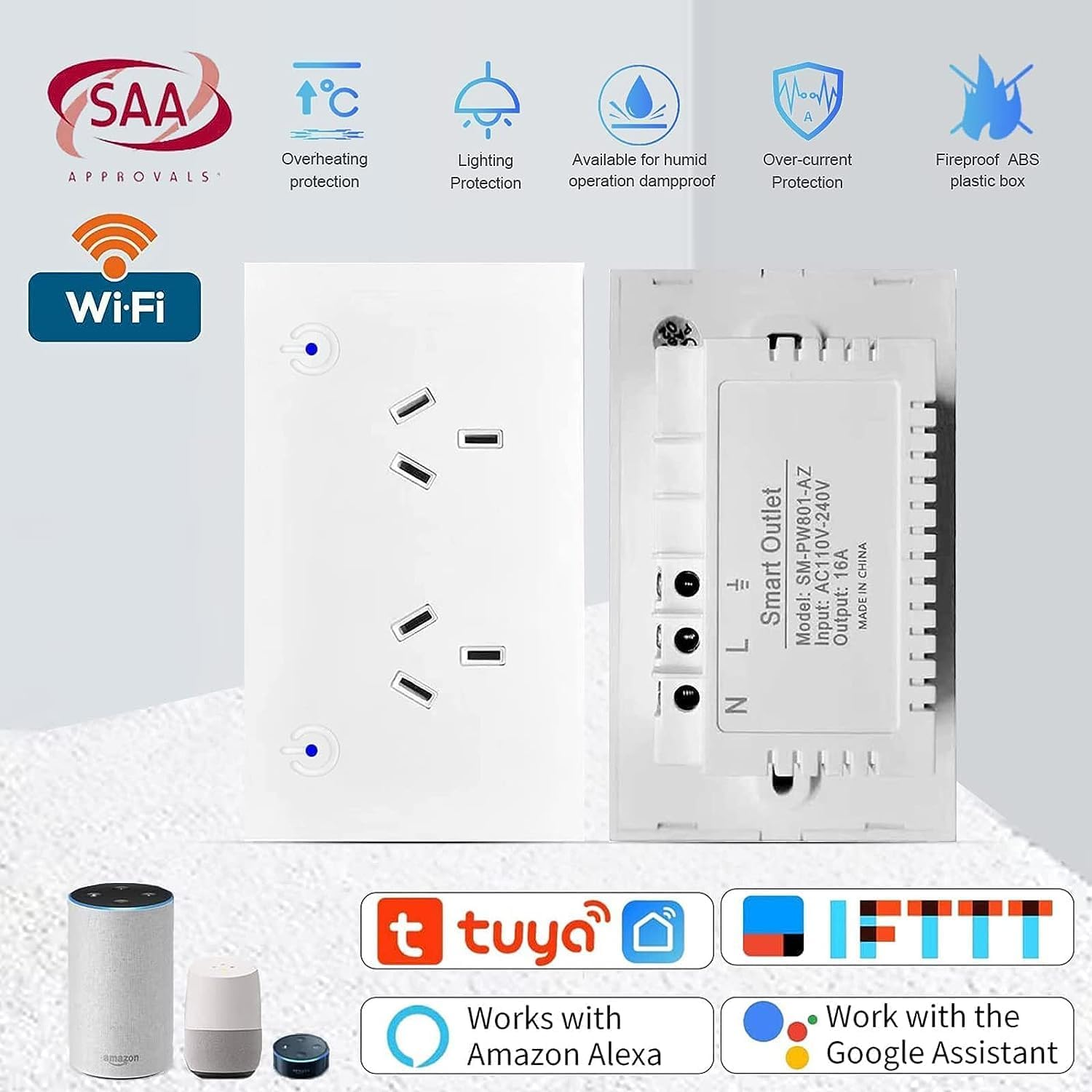 Useelink Smart Wifi Socket Outlet 2 AC 16A 3500W Individual Switches by App and Voice Command Works with Echo Alexa Google Assistant Timer Remote Control SAA Certified (2 Pack) image number 4