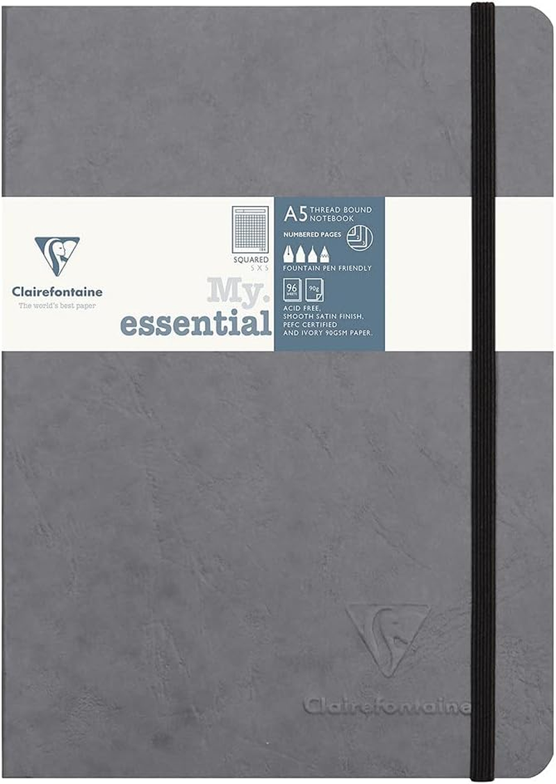 Clairefontaine 793425C Collection Age Bag One Stitched My.Essential Sewn Notebook Grey - A5 14,8X21 Cm - 192 Numbered Pages Small Squares - 90 G Ivory Paper - Glossy Card Cover Grain Leather - Blue image number 3