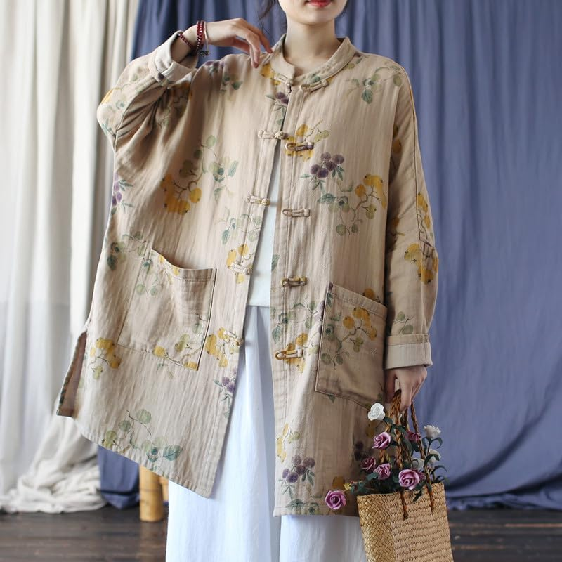 Vintage Ethnic Style Stand-Collar Frog-Button Long-Sleeve Womens Linen Blend Outer Top Beige image number 2