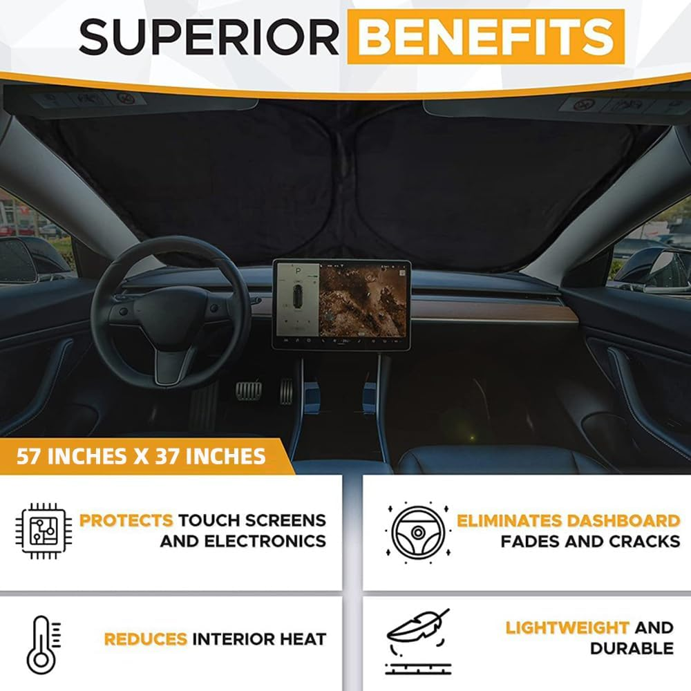 Skycabin Car Front Windshield Sunshade for Tesla Model 3, Foldable Window Sun Shade, Foldable Sunshade for Sun Heat Protection & Car Interior Cooler Accessories,Upgraded Windscreen Sunshade