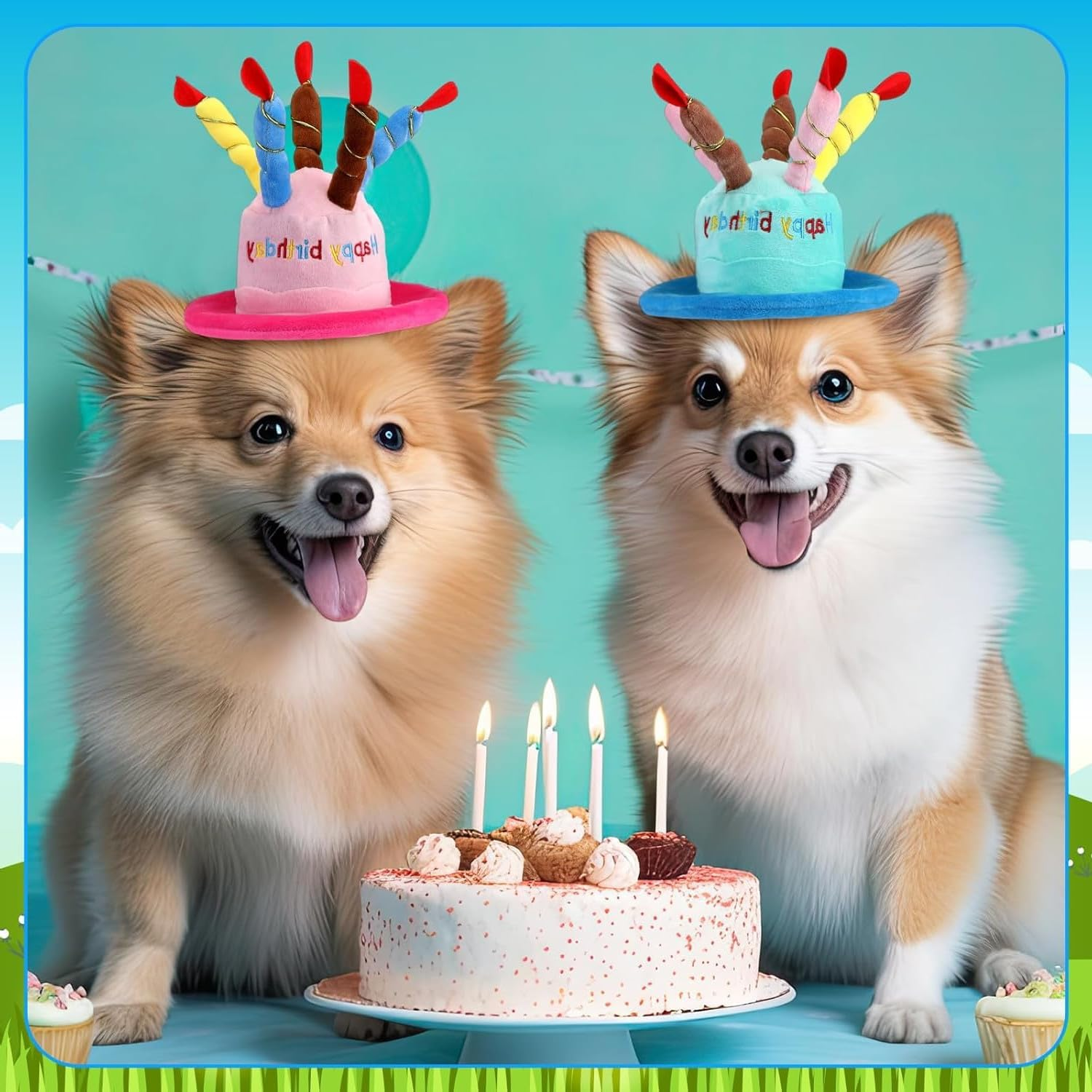 2 Pack Cute Dog Cat Birthday Cake Hat with Colorful Candles Adjustable Strap for Pet Birthday Party Supplies Decorations One Size Fits Most（Pink and Blue） image number 4