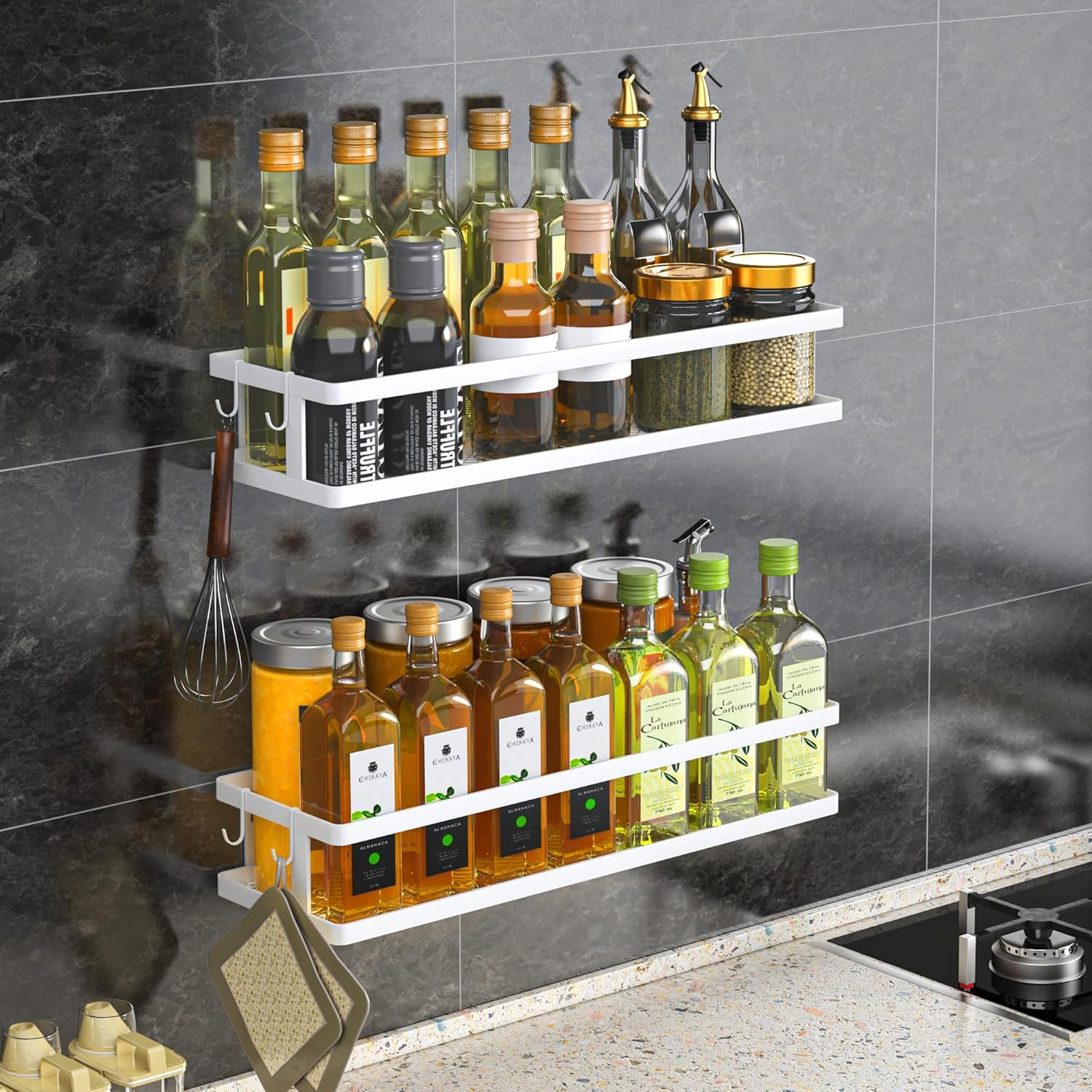 PUSDON Hanging Storage Baskets Organizer Wall Mount, Metal Wire Storage Bin Rack for Kitchen Bathroom Shower Spice Shelf Home Decor Essentials Black-2 Packs (Netting)