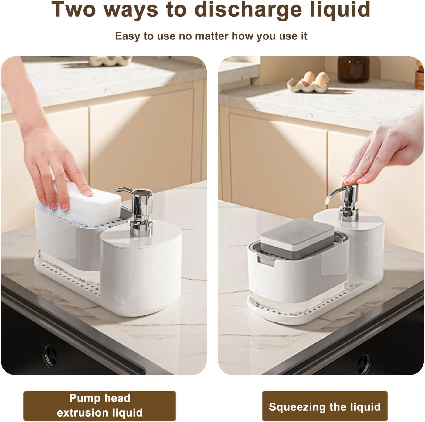 AMZYYDS 4 in 1 Hand Soap and Dish Soap Dispenser for Kitchen with Sink Organizer Dual Dispenser for Dishwashing and Hand Washing,Kitchen Sink Caddy for Storage of Sponges and Washcloths (White) - White image number 2