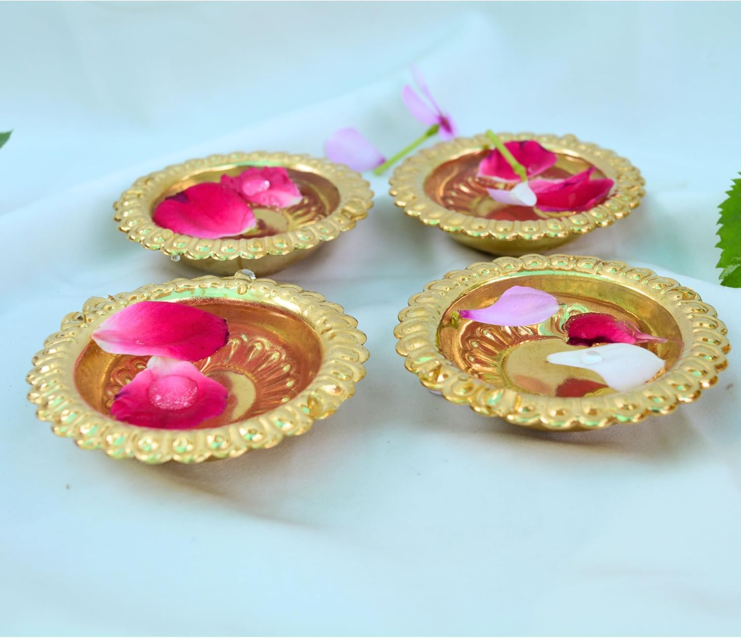Handmade Gold Engraved Diya Traditional Indian Oil Lamp, Brass Diya for Pooja and Other Religious Rituals - Deepawali /Home Decor/Office and Temple/ Festive Gift (Pack of 4) image number 1