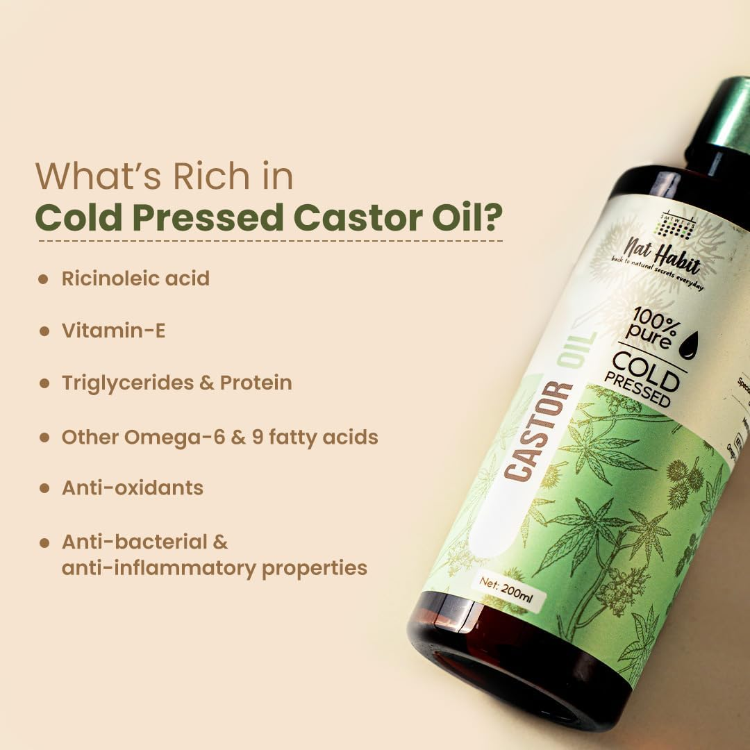 Nat Habit Cold Pressed 100% Pure Castor (Arandi) Oil for Skin & Hair with Vitamin E, Omega-6 & 9, Mineral Free & Preservative Free (200 Ml) image number 2