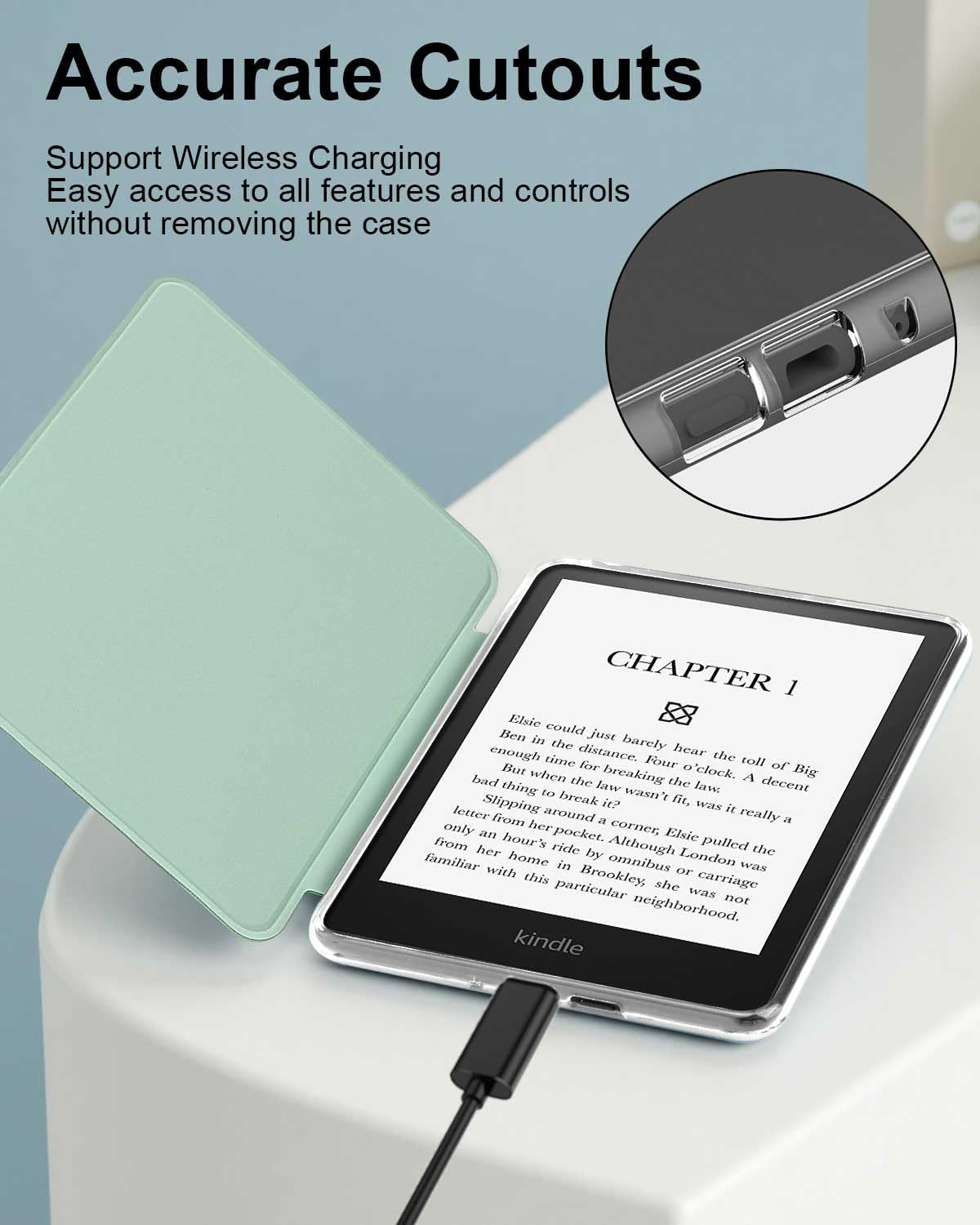 T Tersely Clear Back Slimshell Leather Case for 7" All-New Kindle Paperwhite 12Th 2024 or Kindle Colorsoft 2025 1St Signature Edition, Transparent Shockproof Magnetic Shell Cover - Matcha - Blue image number 3