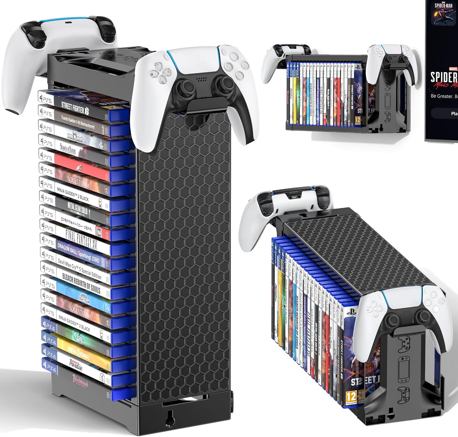 Kytok Video Game Storage Stand Tower with Controller Holder, Wall Mount Game Disc Case Organizer Compatible with PS5 PS4 Nintendo Switch Xbox Series/One, Vertical & Horizontal Stand for 20 Gaming Disc image number 6