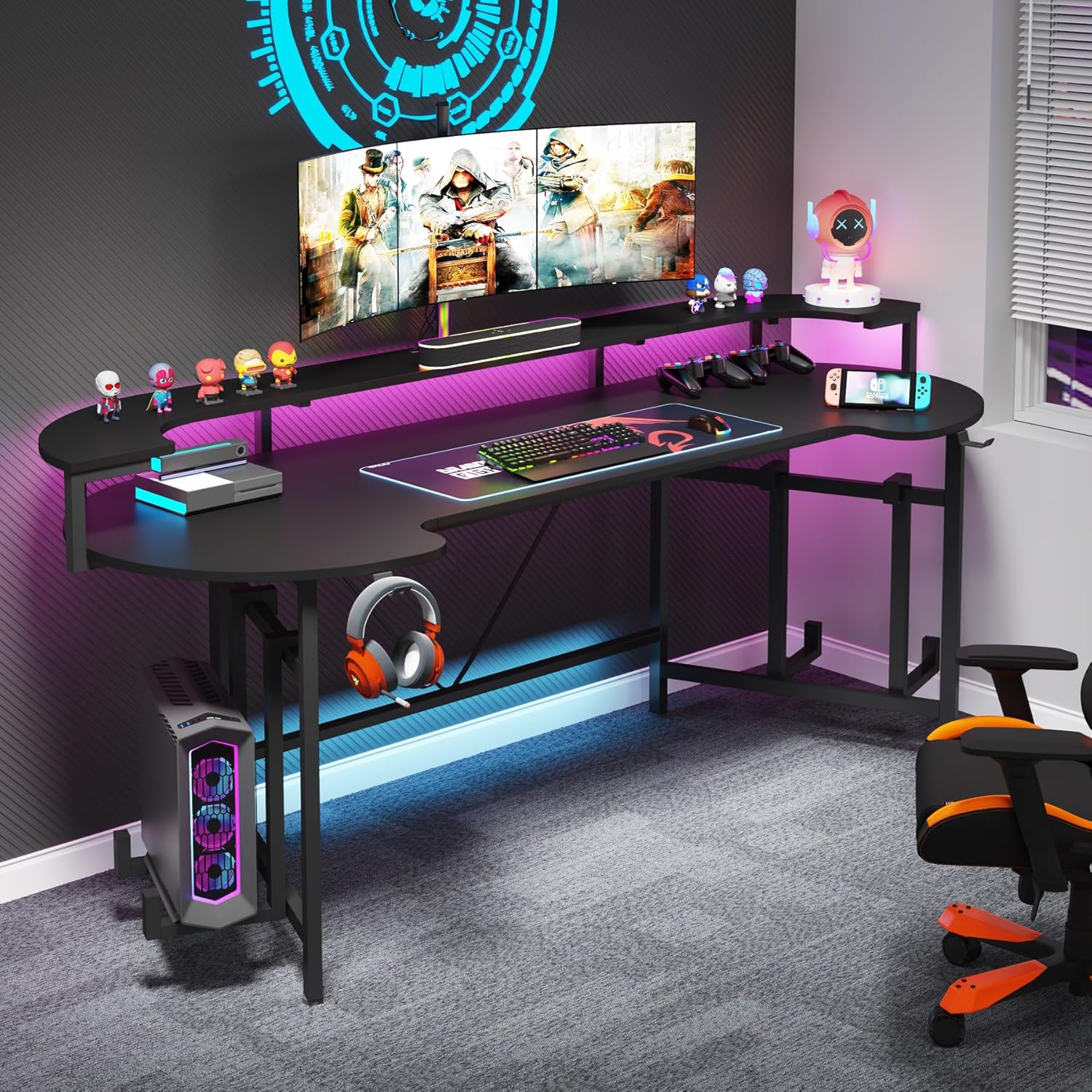 Tribesigns 190 Cm Gaming Desk with Shelf, Large RGB Gaming Table, Computer Gaming Table, Carbon Fiber Gamer Desk for Bedroom, Home Office, Black image number 5
