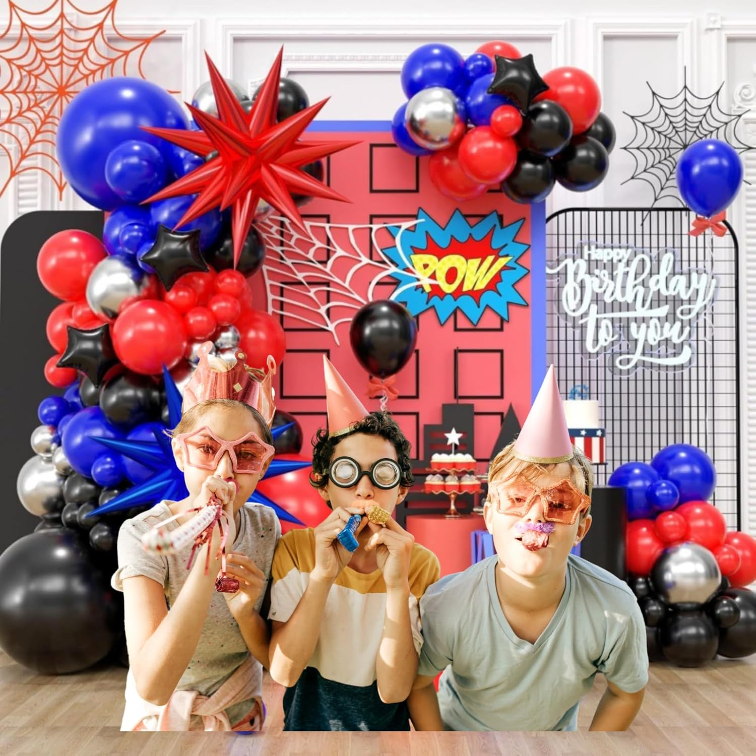 107PCS Blue Red Black Balloon Garland Arch Kit with Large Explosion Star Foil Balloons for Spider Comics Theme Boy Birthday Party Man Superhero Inspired Decorations (A) image number 5