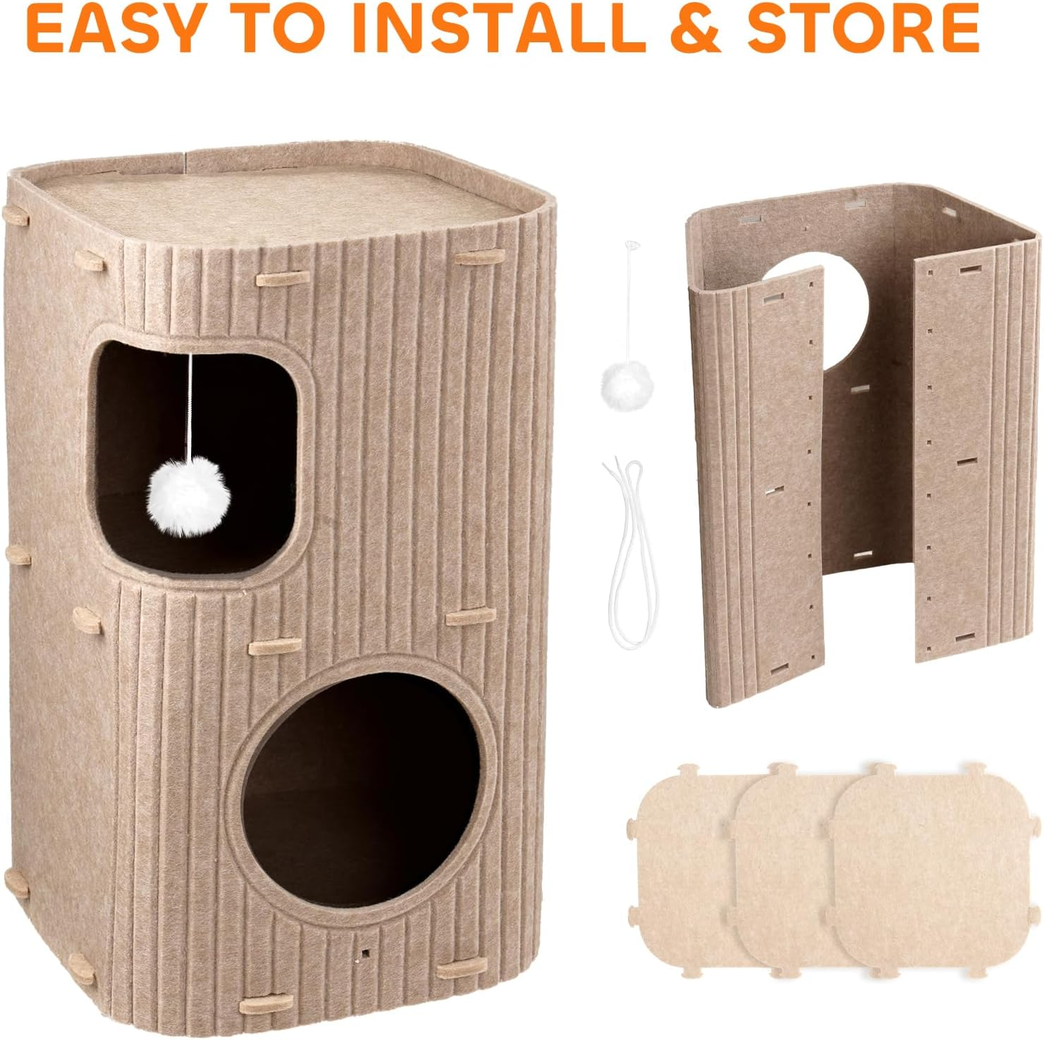 Cat House for Indoor, 2-Tier Cat Cave Beds, Pet Cat House Foldable, Hideaway Cube with Scratch Pad, Ball Hanging and Cushions, for Multi Small Pet Kitten image number 5