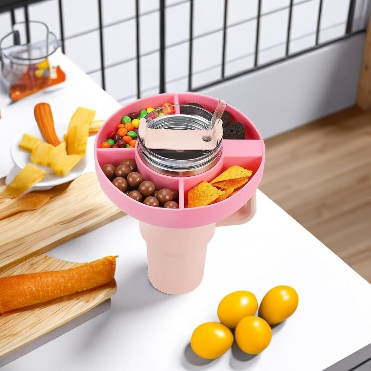 ETHEL Modern Pink Silicone Snack Ring for Stanley Cup 40 Oz with Handle, 4 Compartment Reusable Snack Platters image number 1